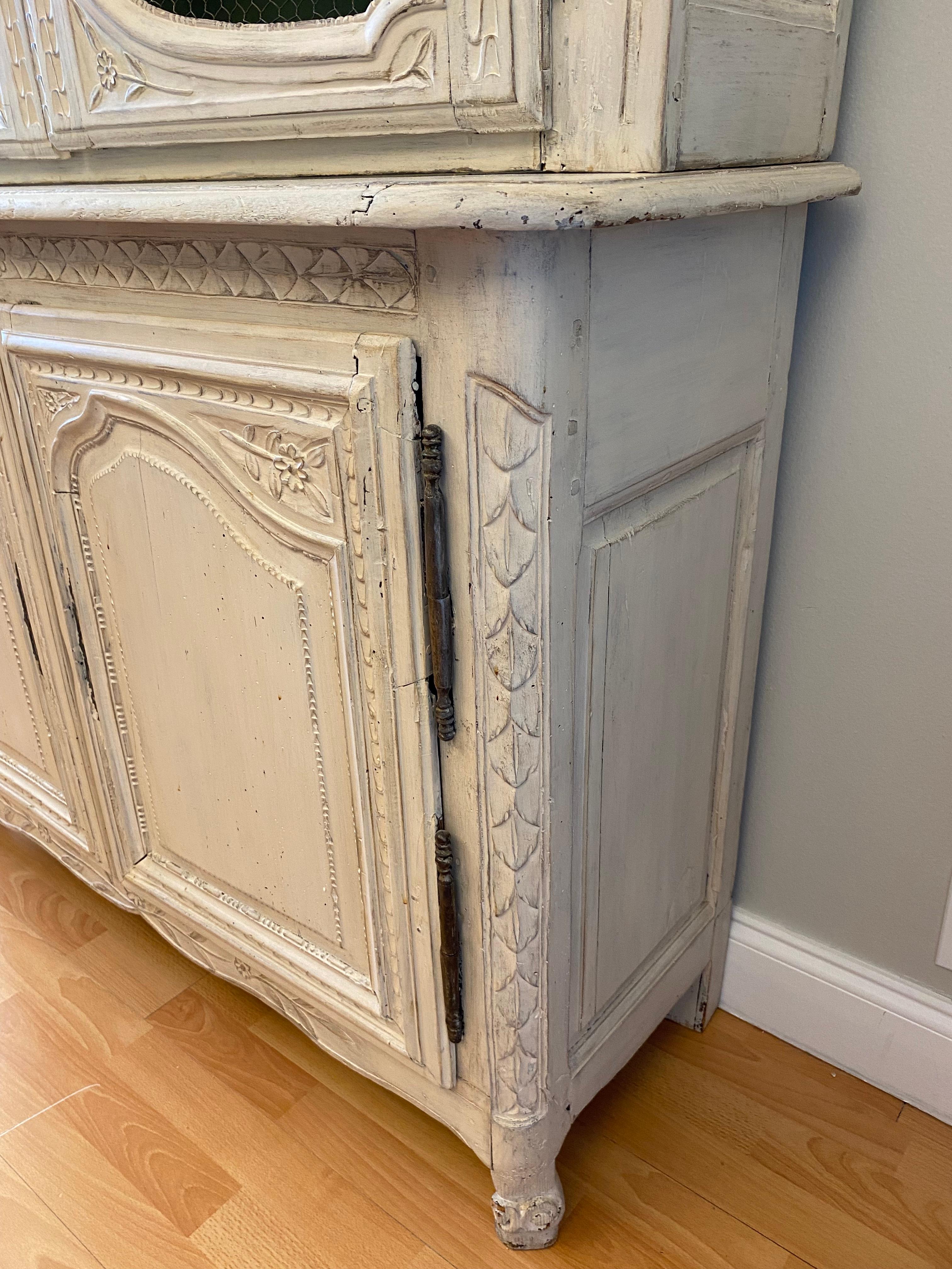 French Provincial 18th Century French Hand-Carved Painted Buffet deux Corps Cabinet from Normandy For Sale