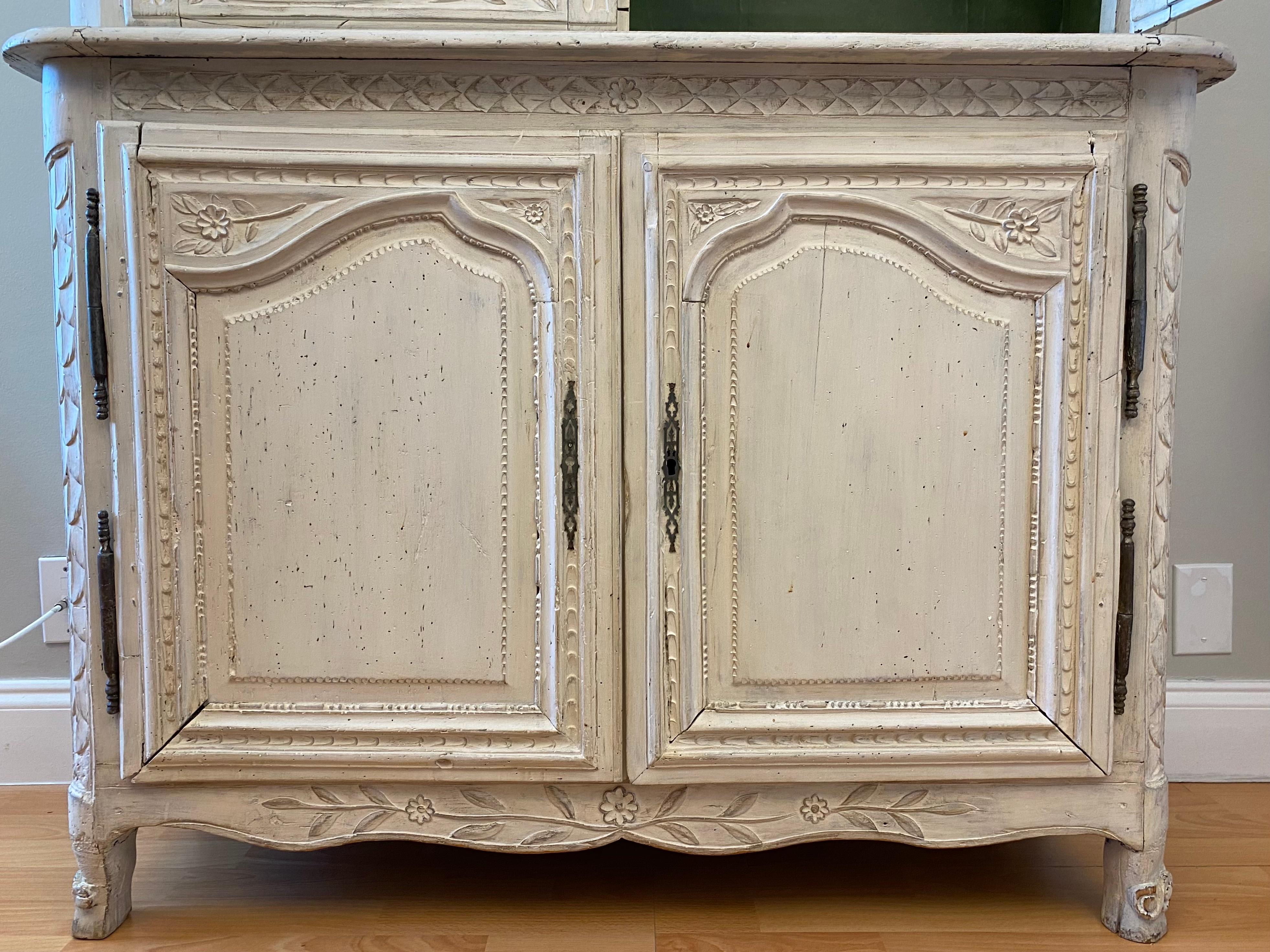 19th Century French Hand-Carved Painted Buffet deux Corps Cabinet from Normandy For Sale 2