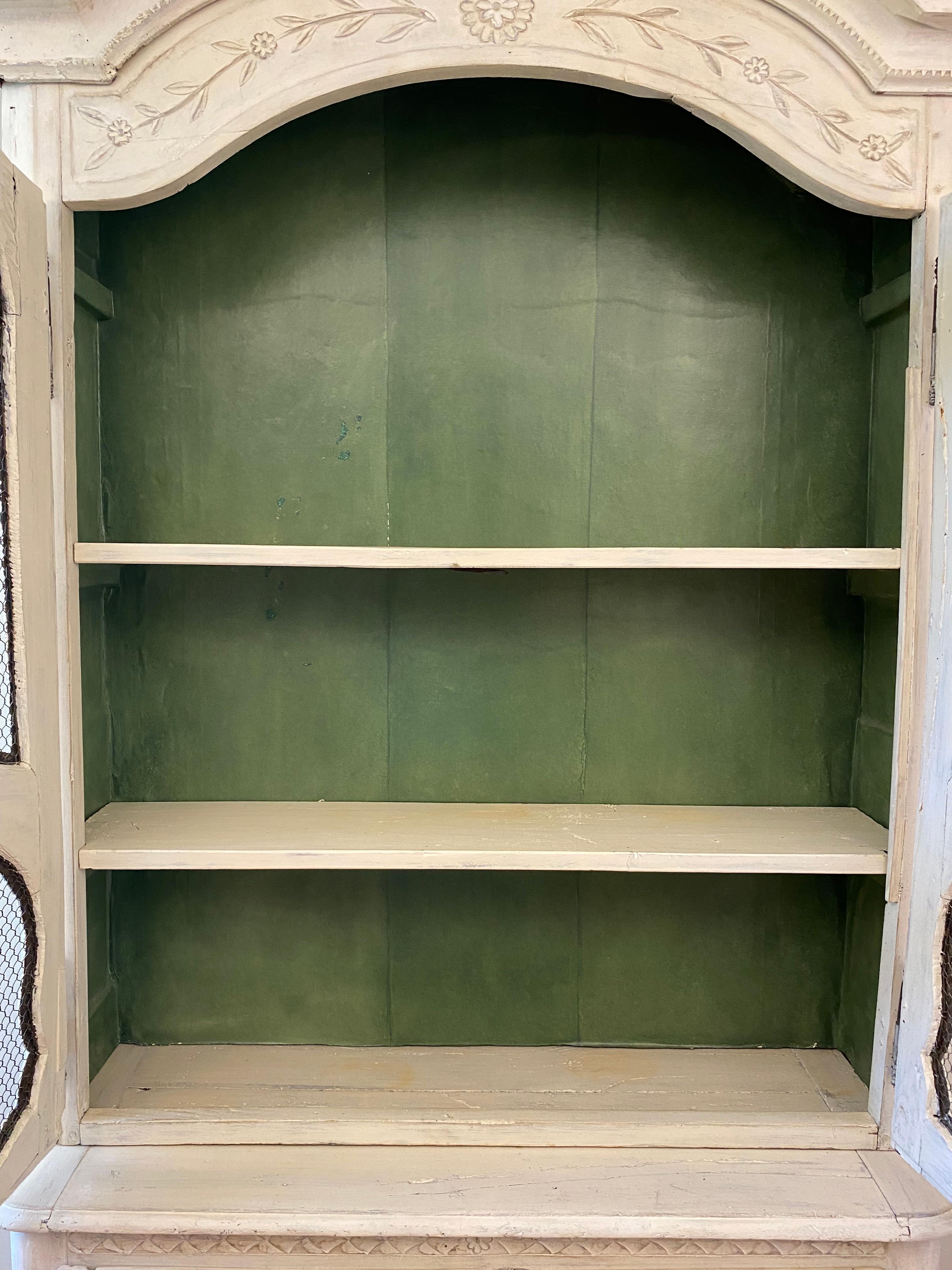 19th Century French Hand-Carved Painted Buffet deux Corps Cabinet from Normandy For Sale 3