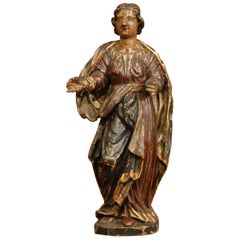 18th Century French Hand-Carved Polychromed and Painted Wood Statue of Saint