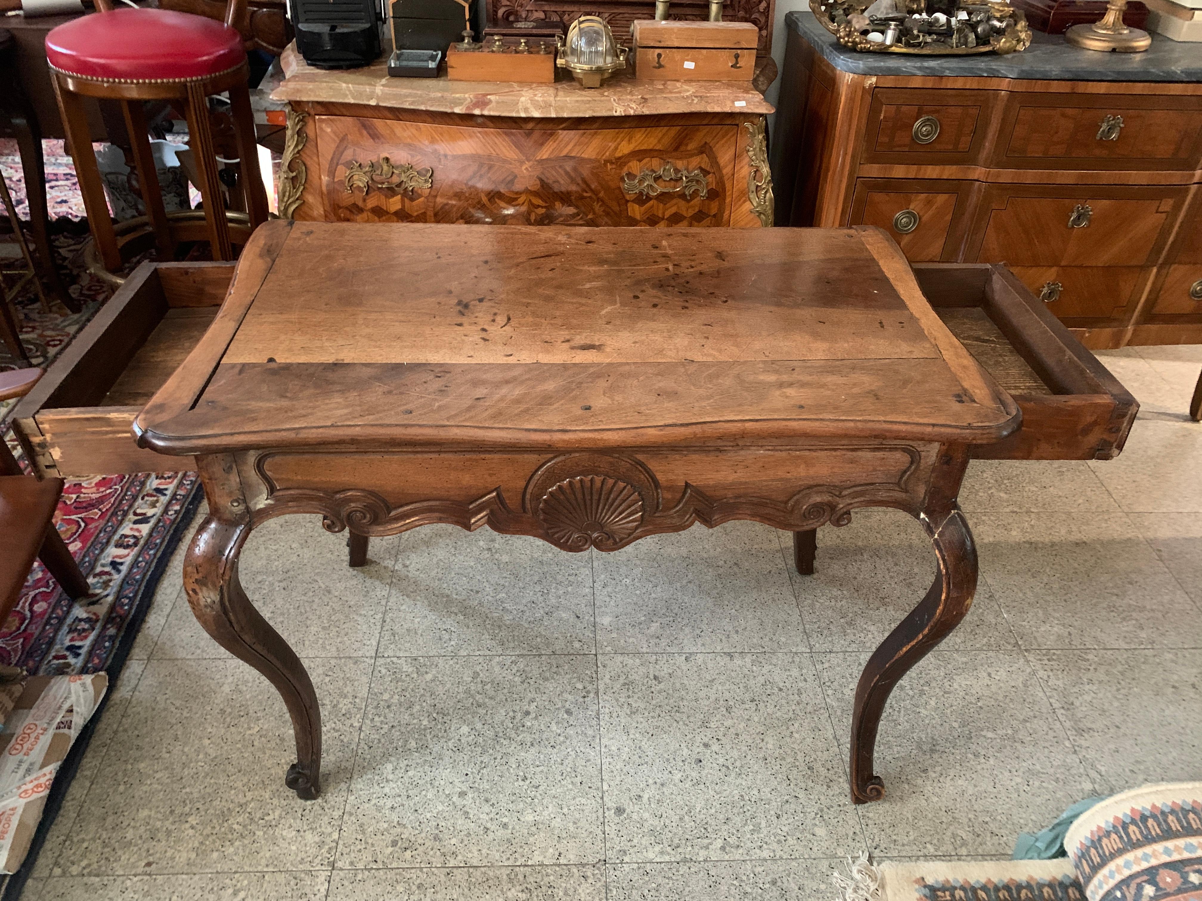 18th Century French Hand Carved Walnut Writing Table with Two Drawers Louis XV For Sale 9