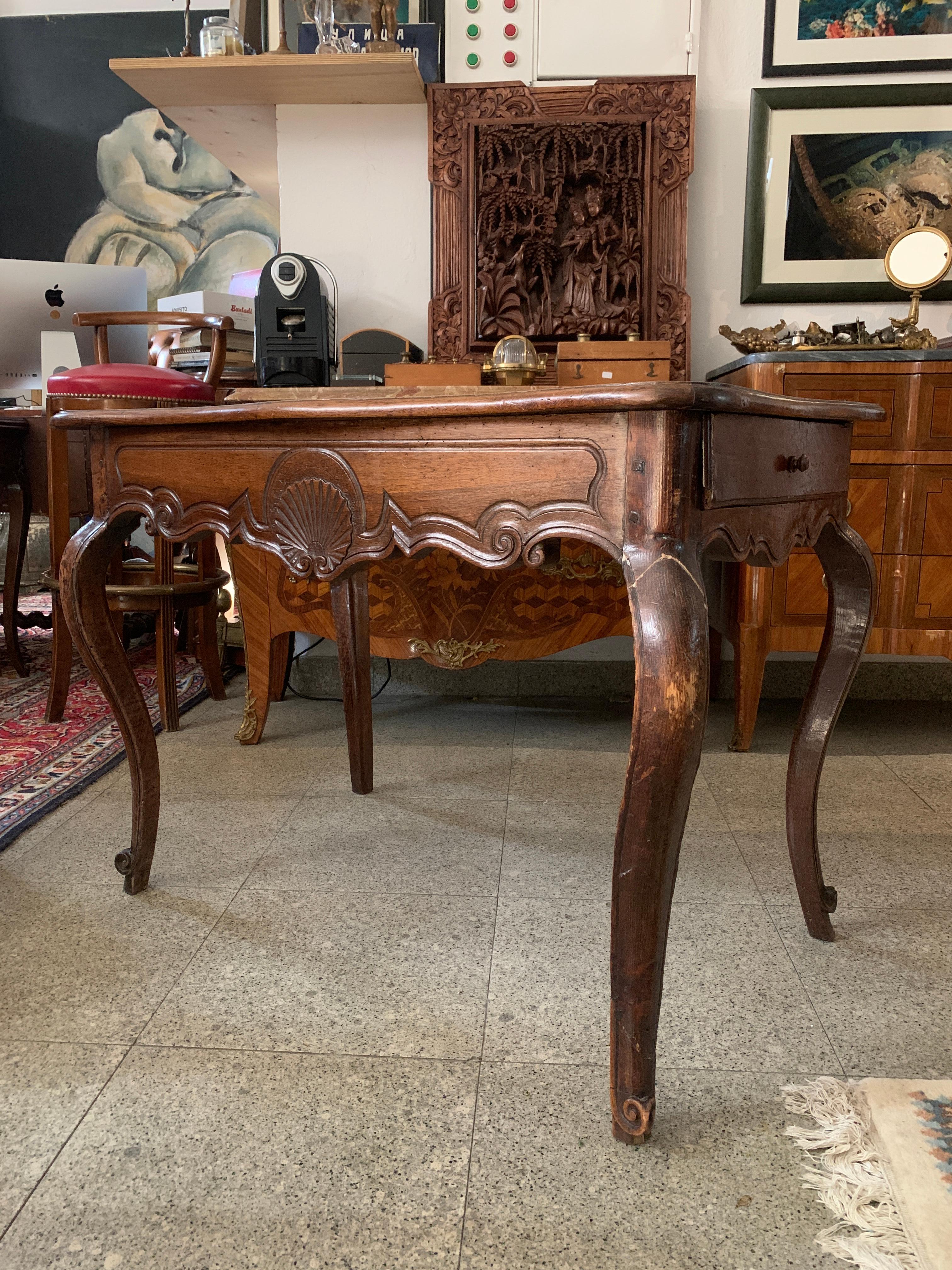 18th Century French Hand Carved Walnut Writing Table with Two Drawers Louis XV For Sale 12