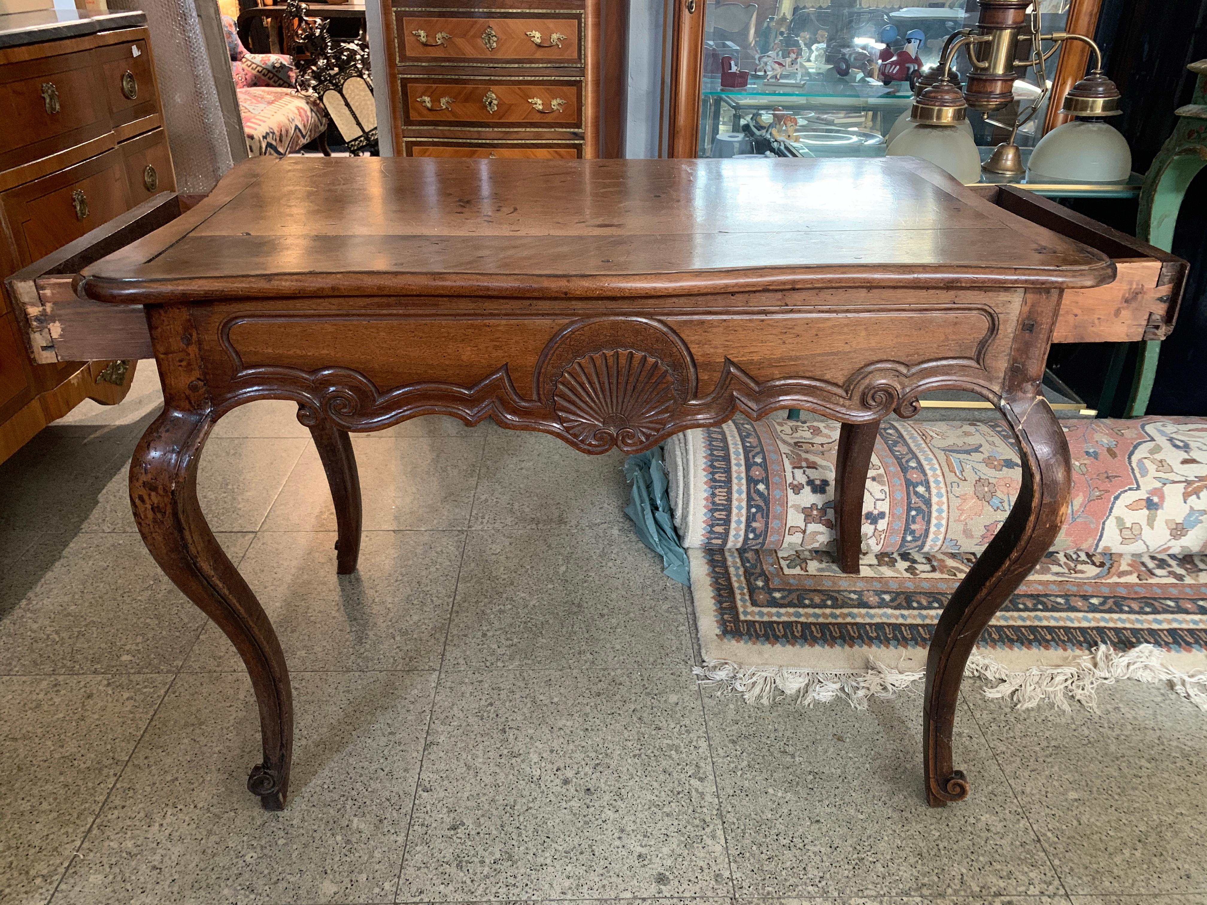 18th Century French Hand Carved Walnut Writing Table with Two Drawers Louis XV For Sale 4