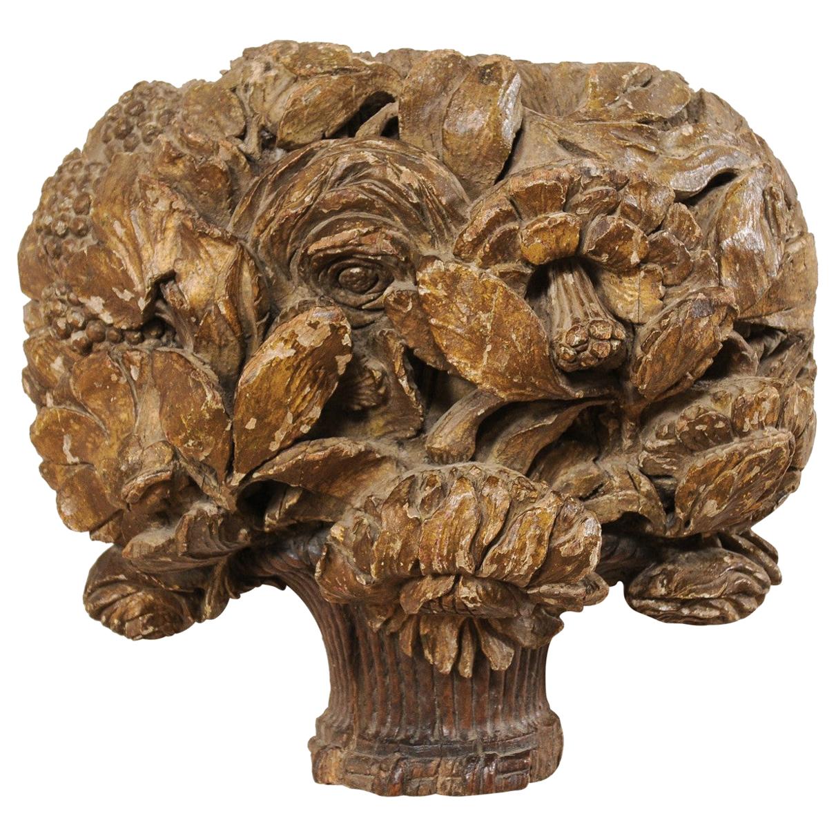 18th Century French Hand Carved Wood Floral Bouquet Wall Ornament Plaque For Sale