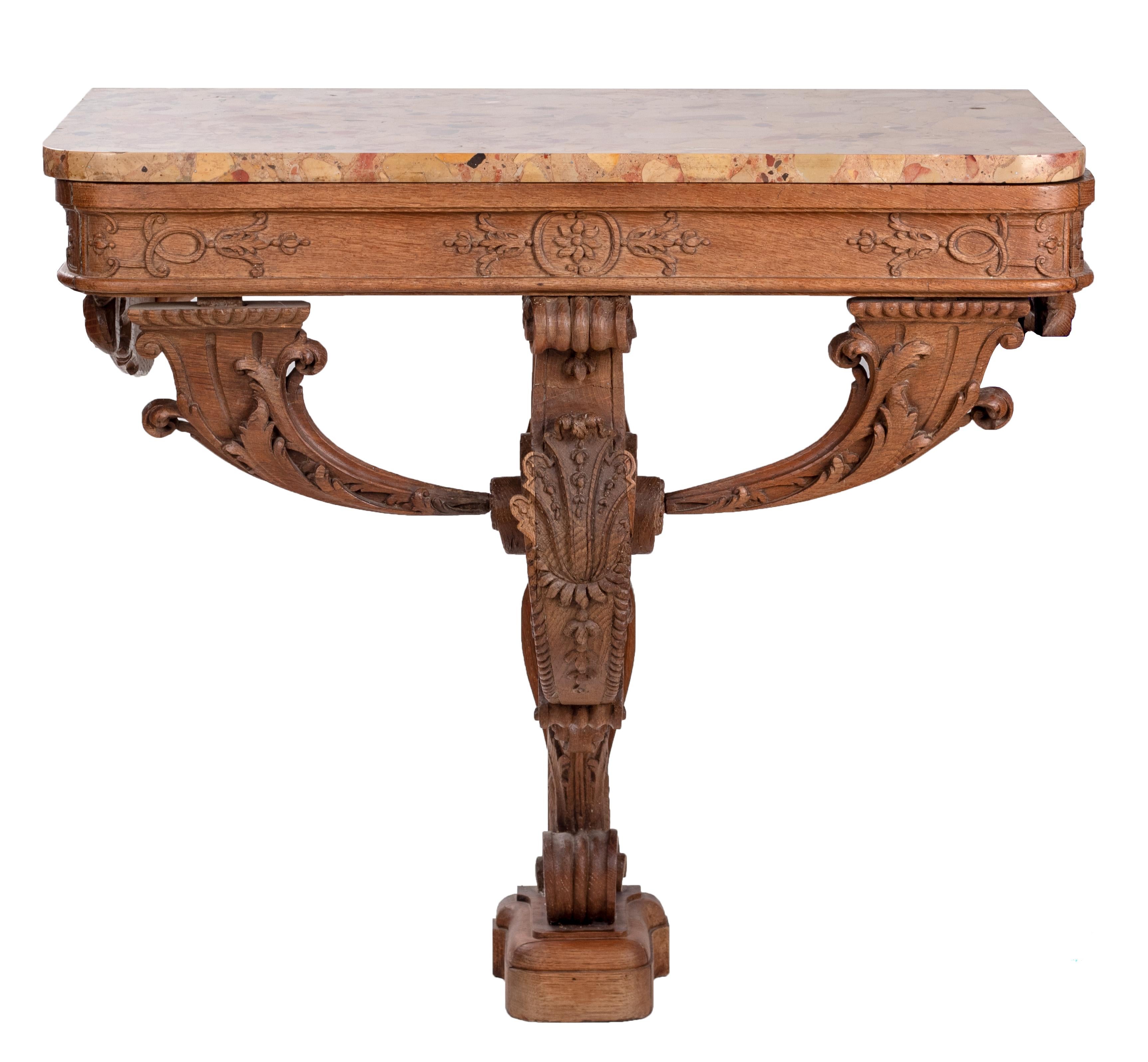 18th century French hand carved wooden one leg console table with marble top.