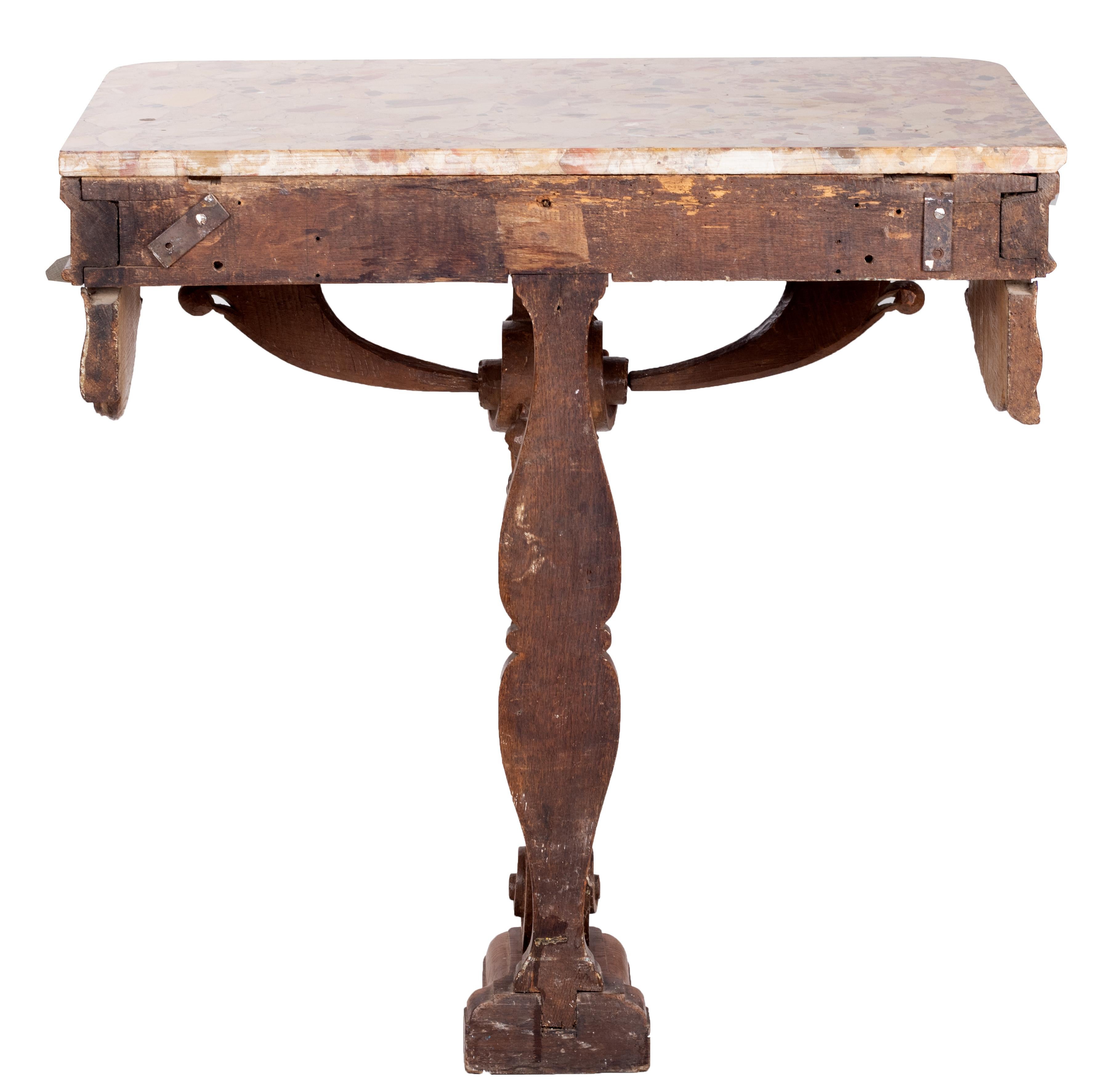 18th Century French Hand Carved Wooden One Leg Console Table with Marble Top In Good Condition In Marbella, ES