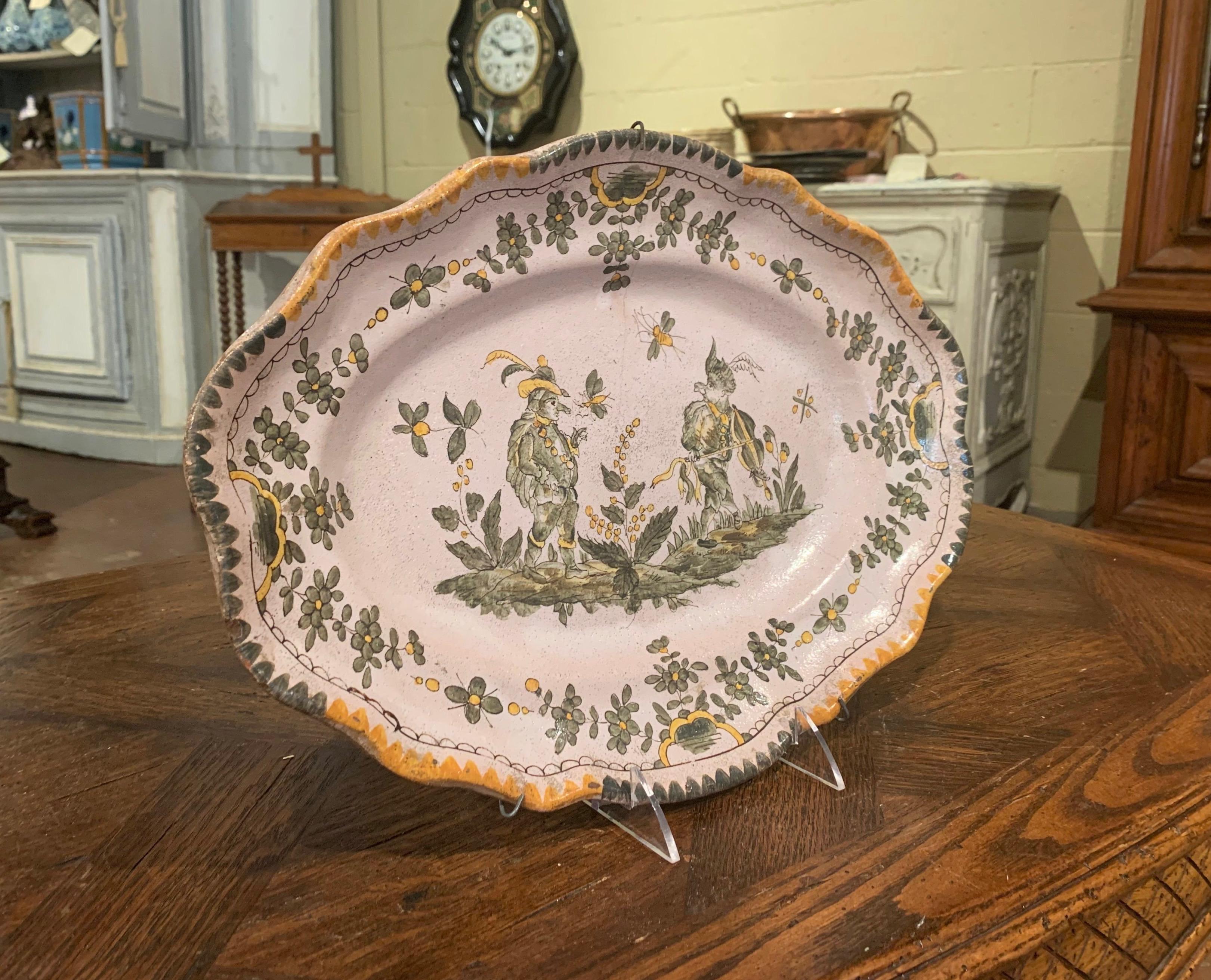 Hand-Painted 18th Century French Hand Painted Ceramic Wall Platter from Moustiers For Sale