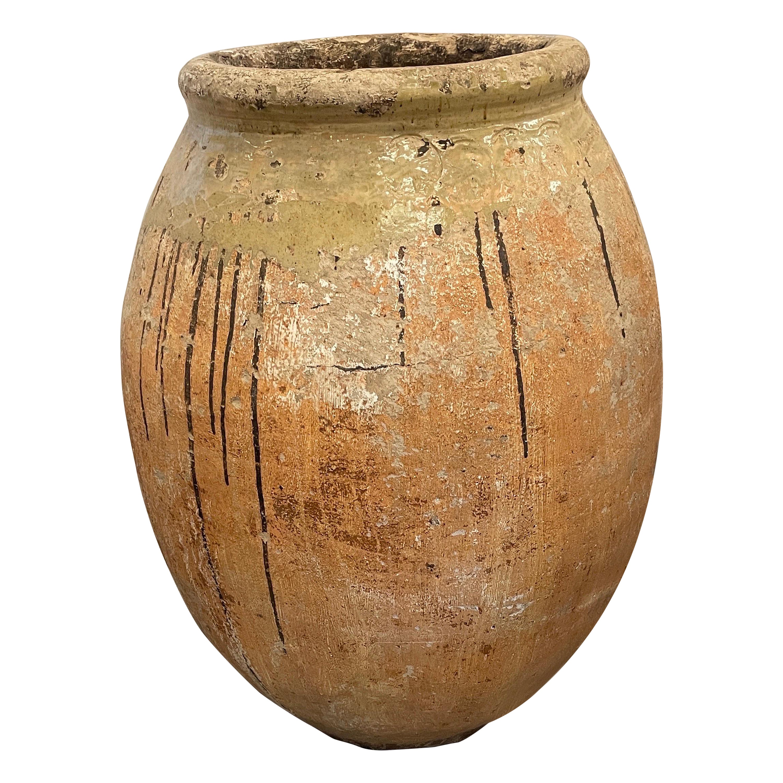 Jarra de aceitunas de terracota francesa del siglo XVIII, esmaltada a mano con cal