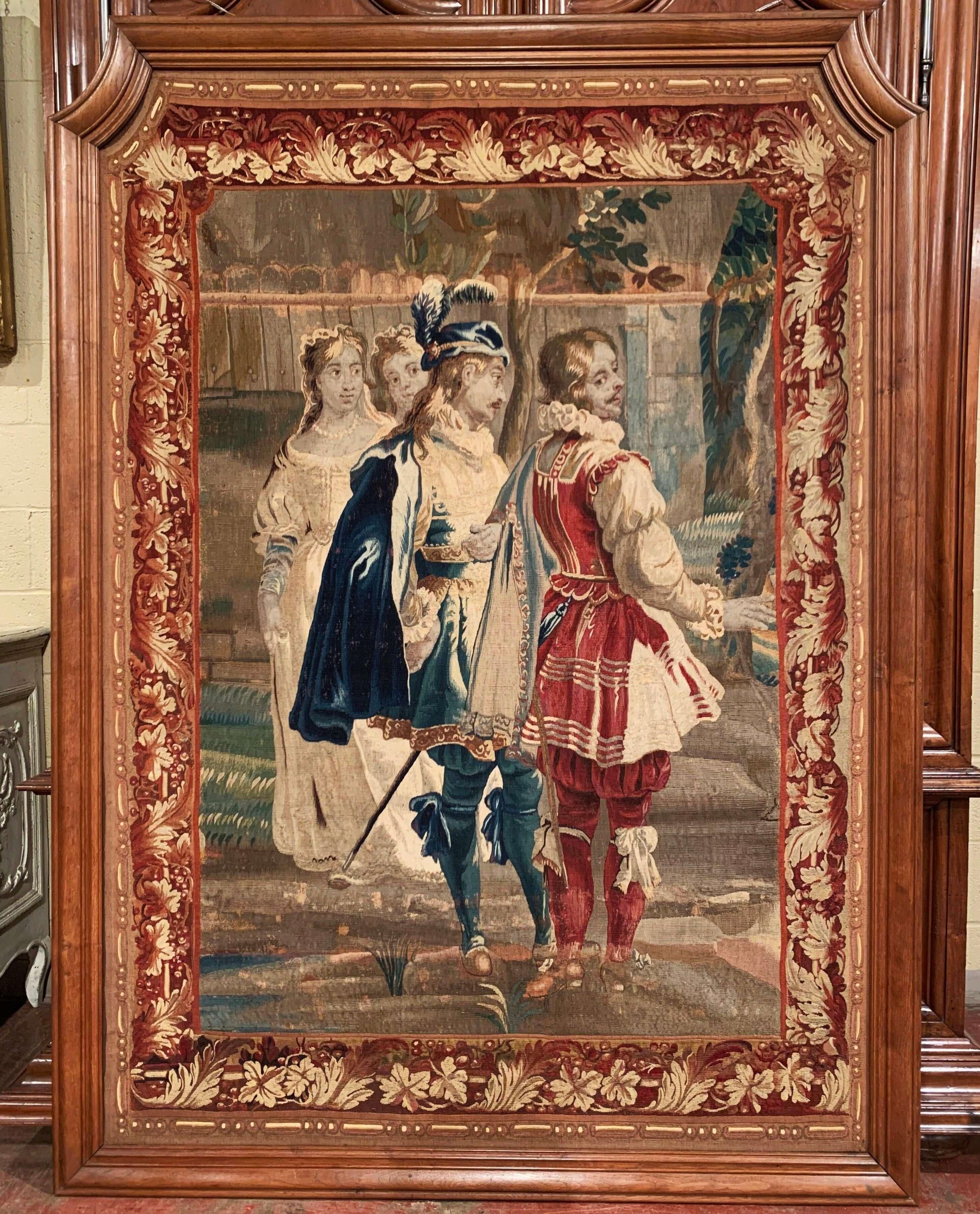 Hand-Carved 18th Century French Handwoven Aubusson Panel Tapestry in Original Oak Frame For Sale