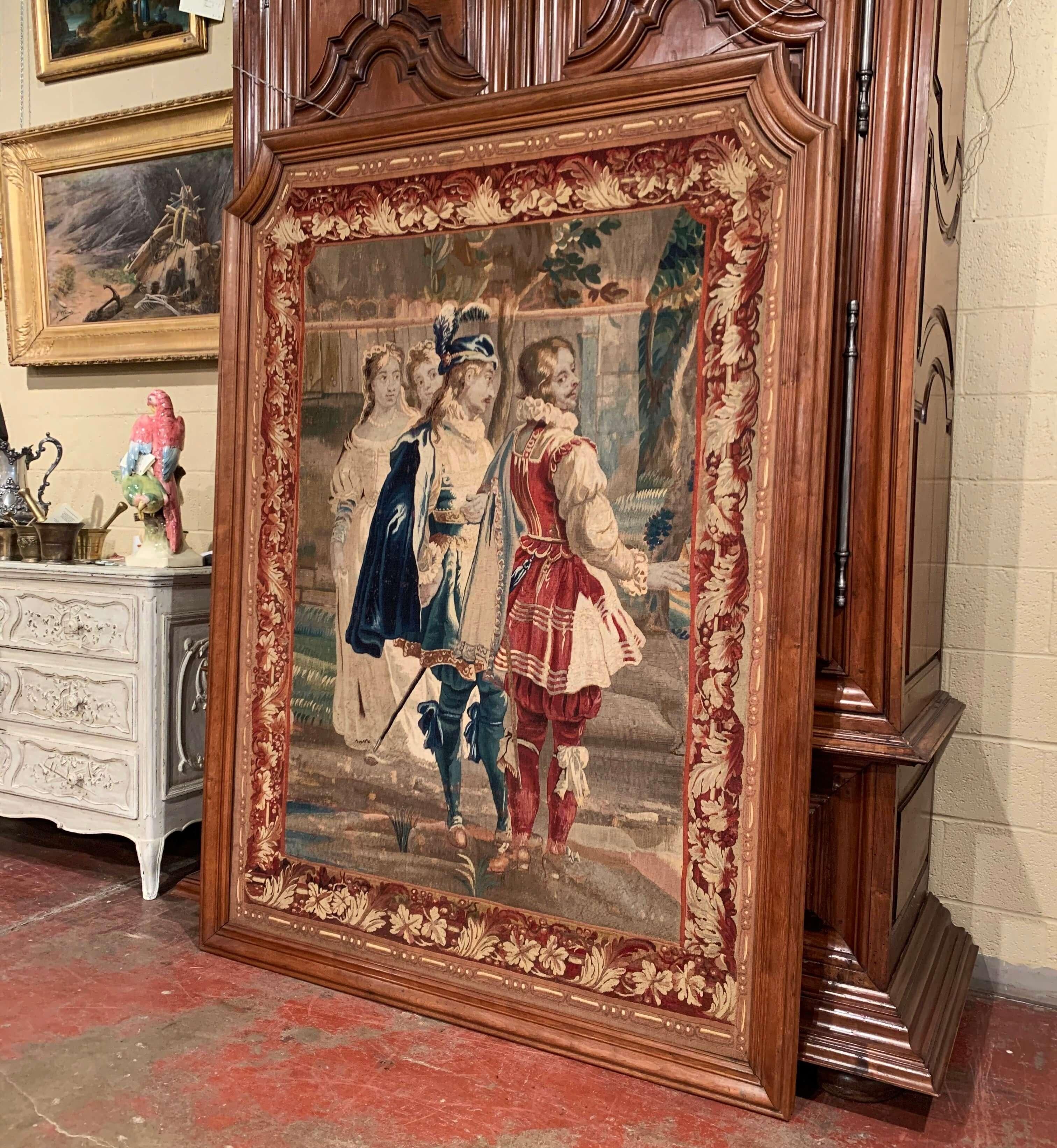 Tapisserie française du 18ème siècle à panneaux d'Aubusson tissés à la main dans son cadre d'origine en chêne en vente 1