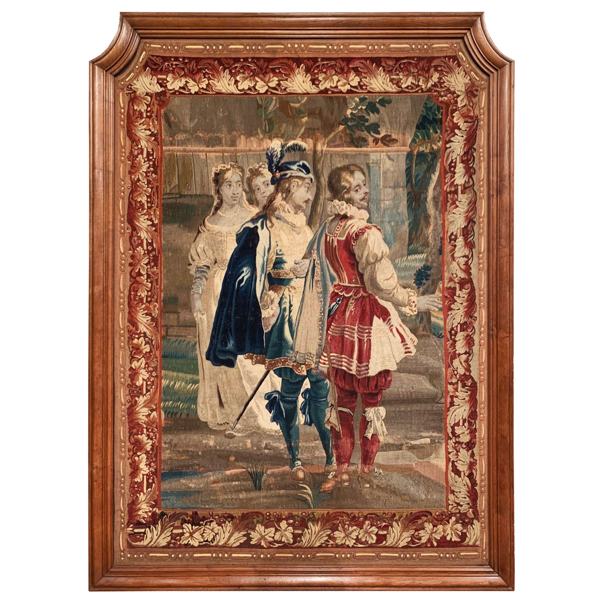 Tapisserie française du 18ème siècle à panneaux d'Aubusson tissés à la main dans son cadre d'origine en chêne en vente