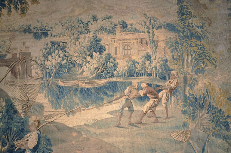 Louis XVI 18th Century French Handwoven Aubusson Verdure Tapestry with Fishermen For Sale