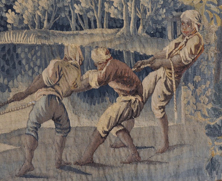 Français Tapisserie française du 18ème siècle tissée à la main d'Aubusson Verdure représentant des pêcheurs en vente