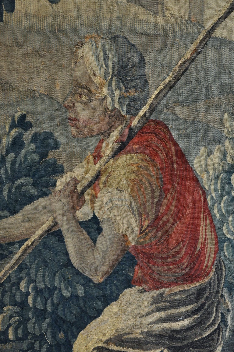 18th Century French Handwoven Aubusson Verdure Tapestry with Fishermen In Excellent Condition For Sale In Dallas, TX