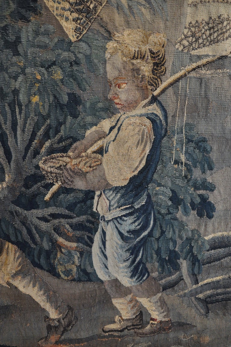 18th Century French Handwoven Aubusson Verdure Tapestry with Fishermen For Sale 1
