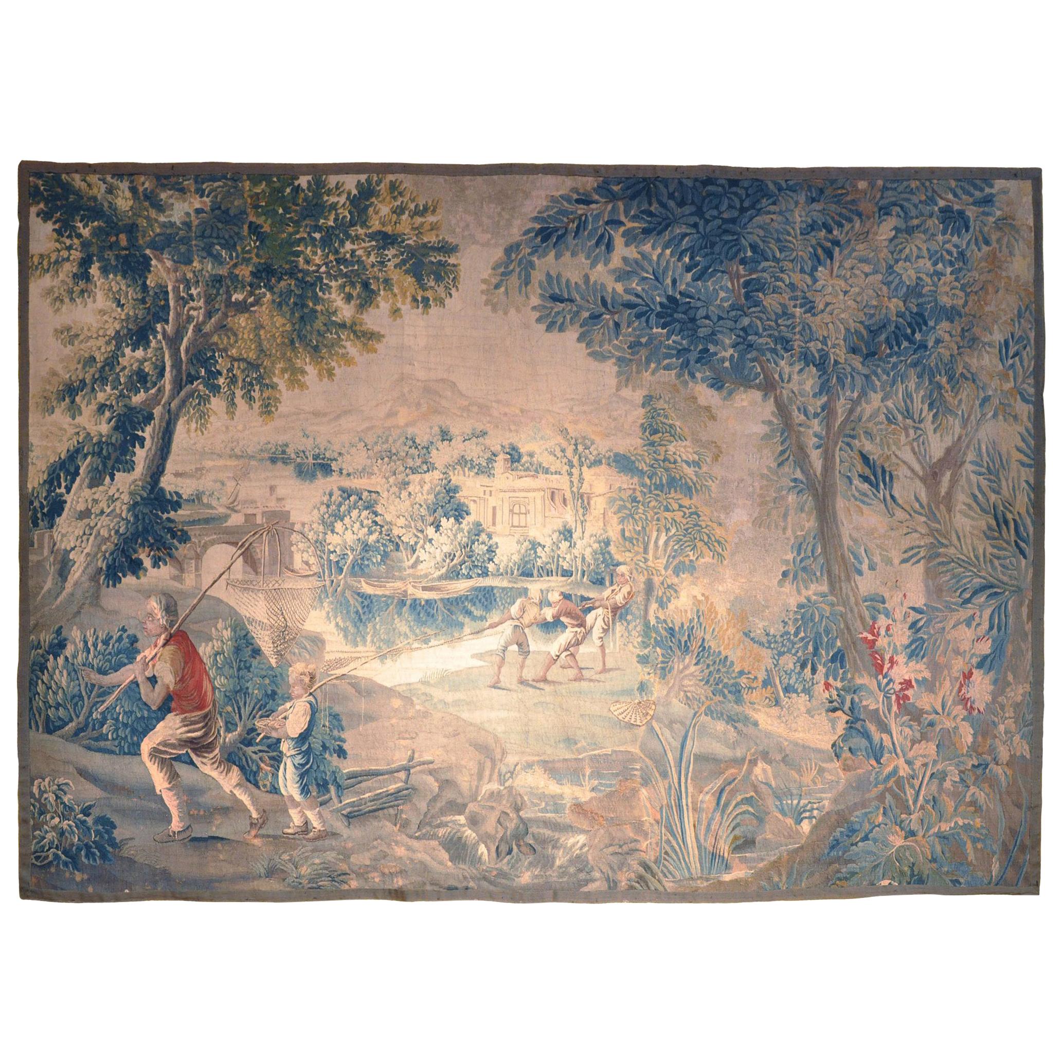 18th Century French Handwoven Aubusson Verdure Tapestry with Fishermen