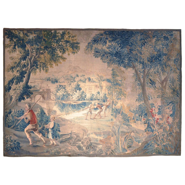 18th Century French Handwoven Aubusson Verdure Tapestry with Fishermen For Sale