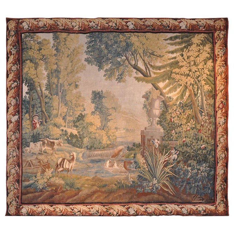 18th Century French Handwoven Pastoral Verdure Aubusson Tapestry For Sale