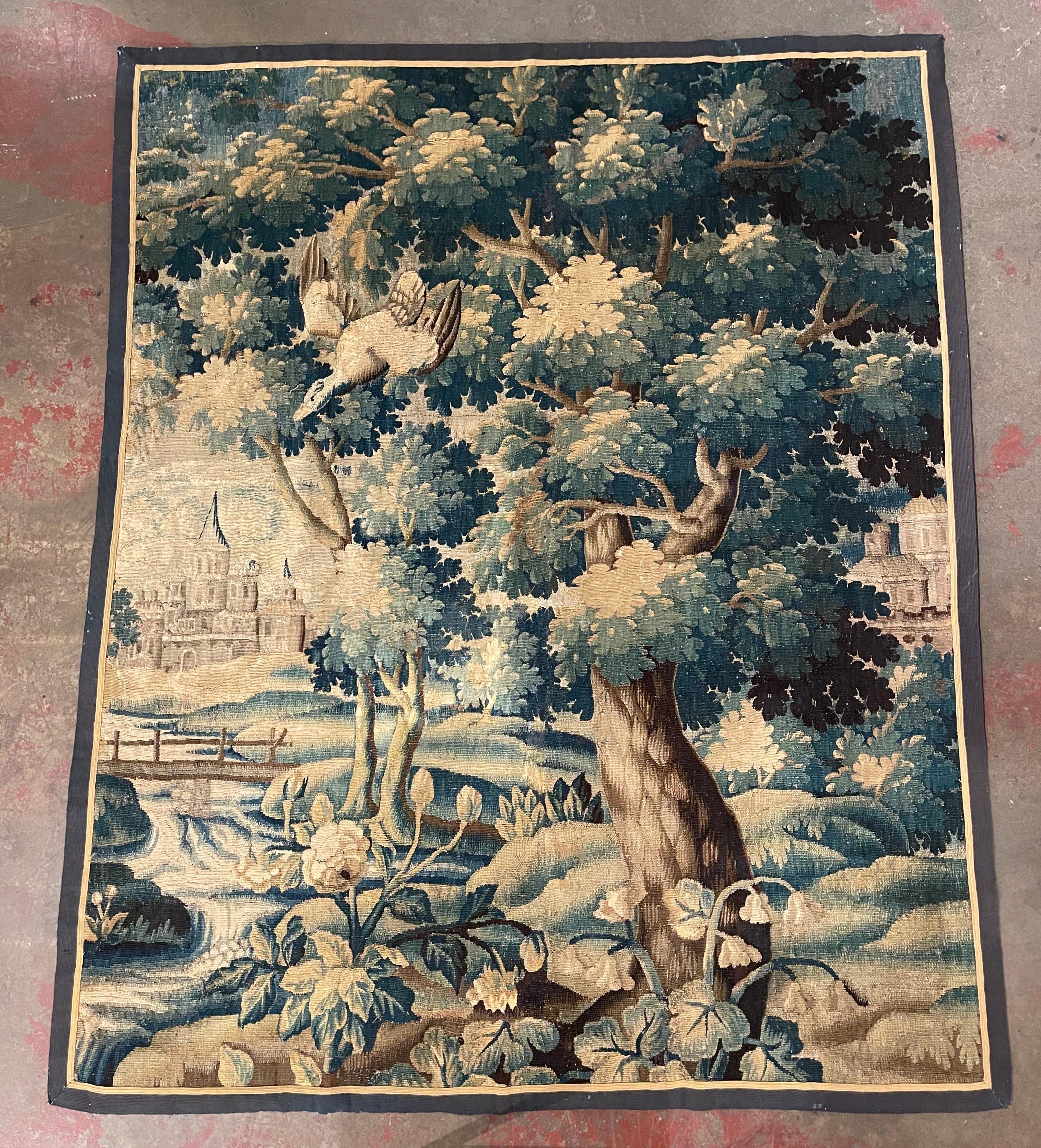 18th Century French Handwoven Verdure Aubusson Wall Tapestry In Excellent Condition In Dallas, TX