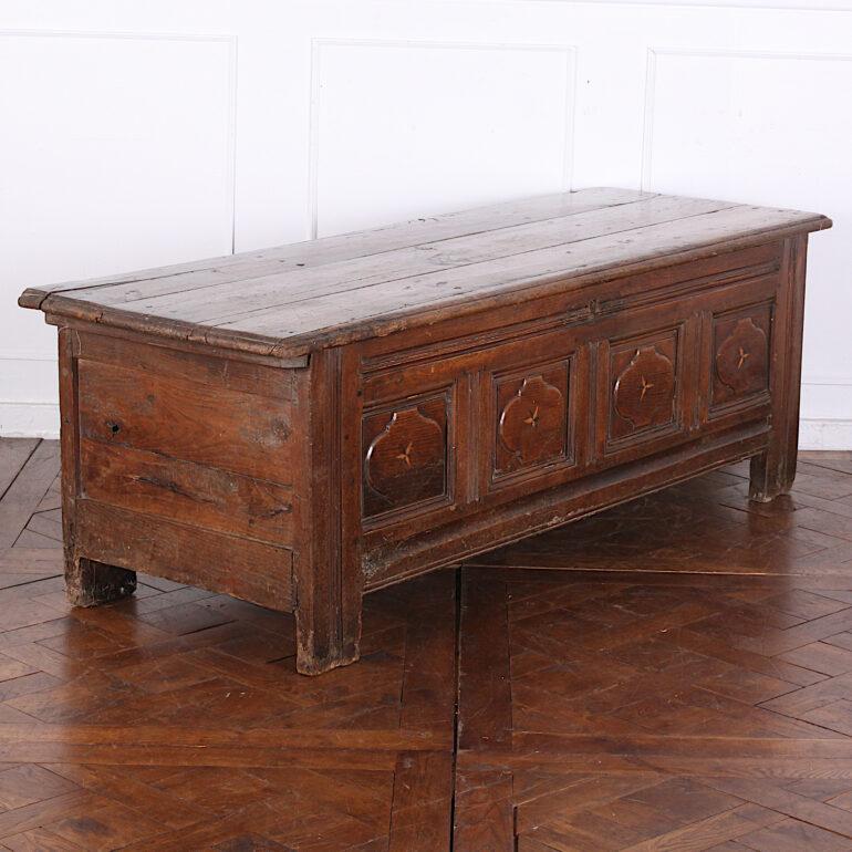 Primitive 18th Century French Inlaid Chestnut and Oak Coffer Blanket Chest