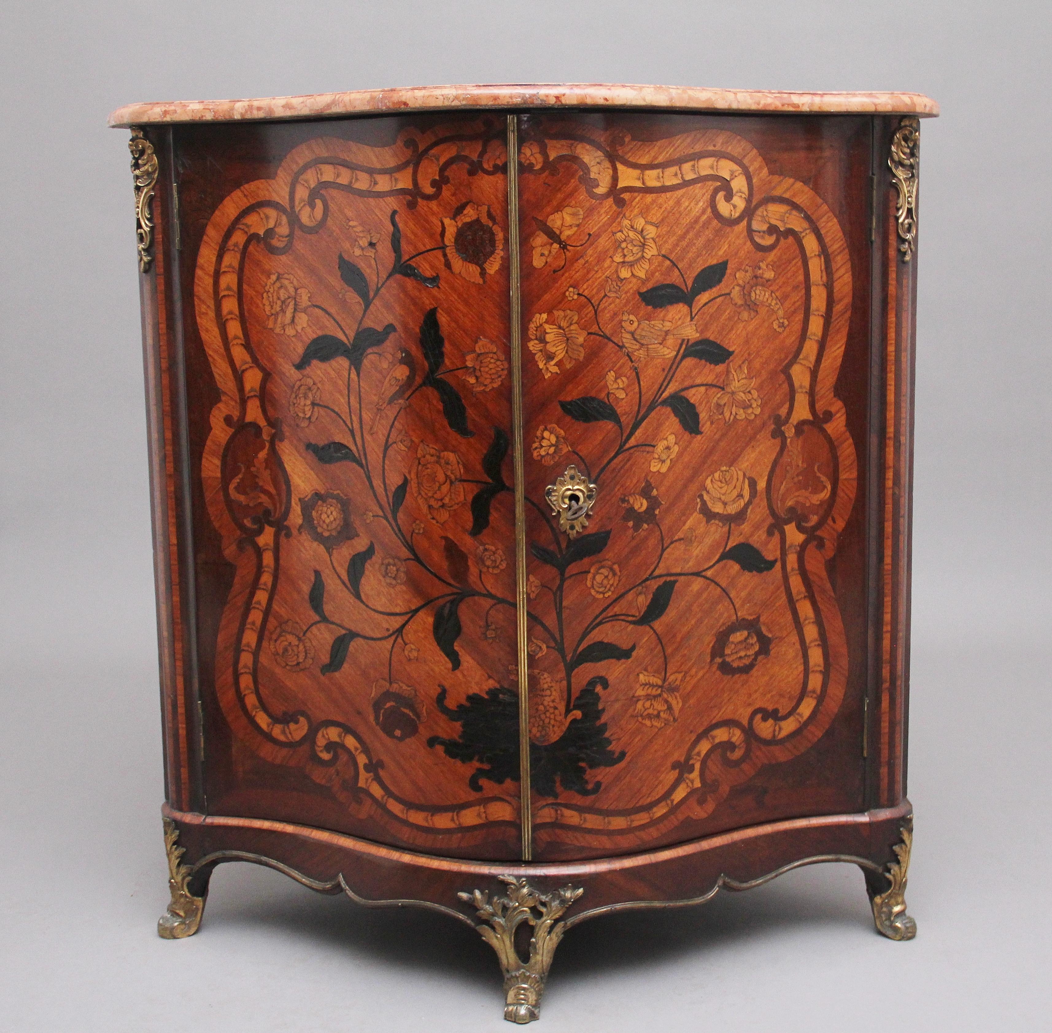 18th Century French Inlaid Tulipwood and Marble Top Corner Cupboard For Sale 5