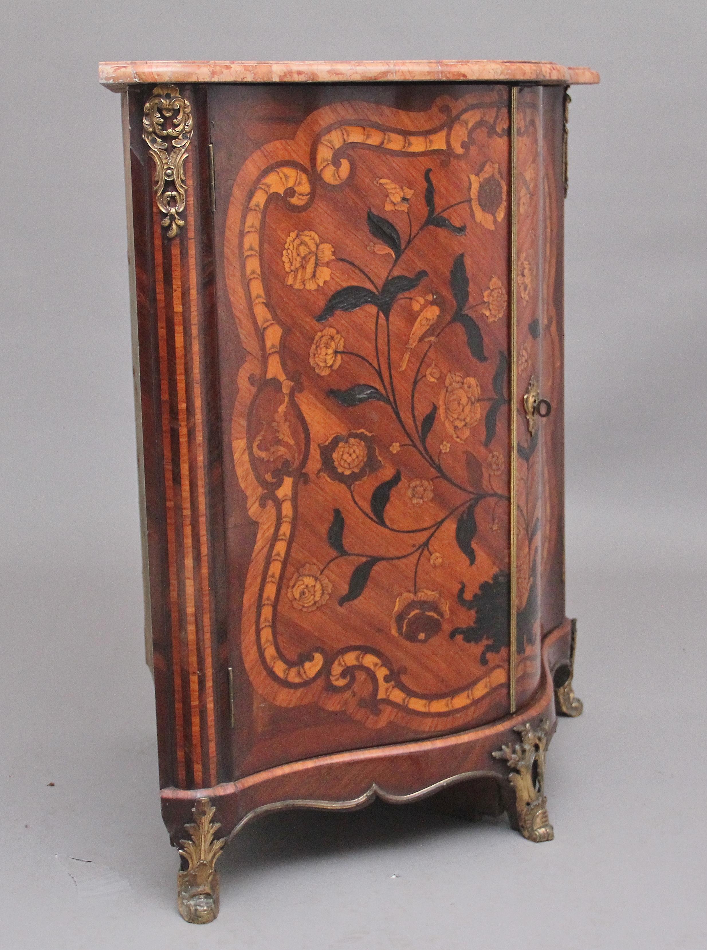 Marquetry 18th Century French Inlaid Tulipwood and Marble Top Corner Cupboard For Sale