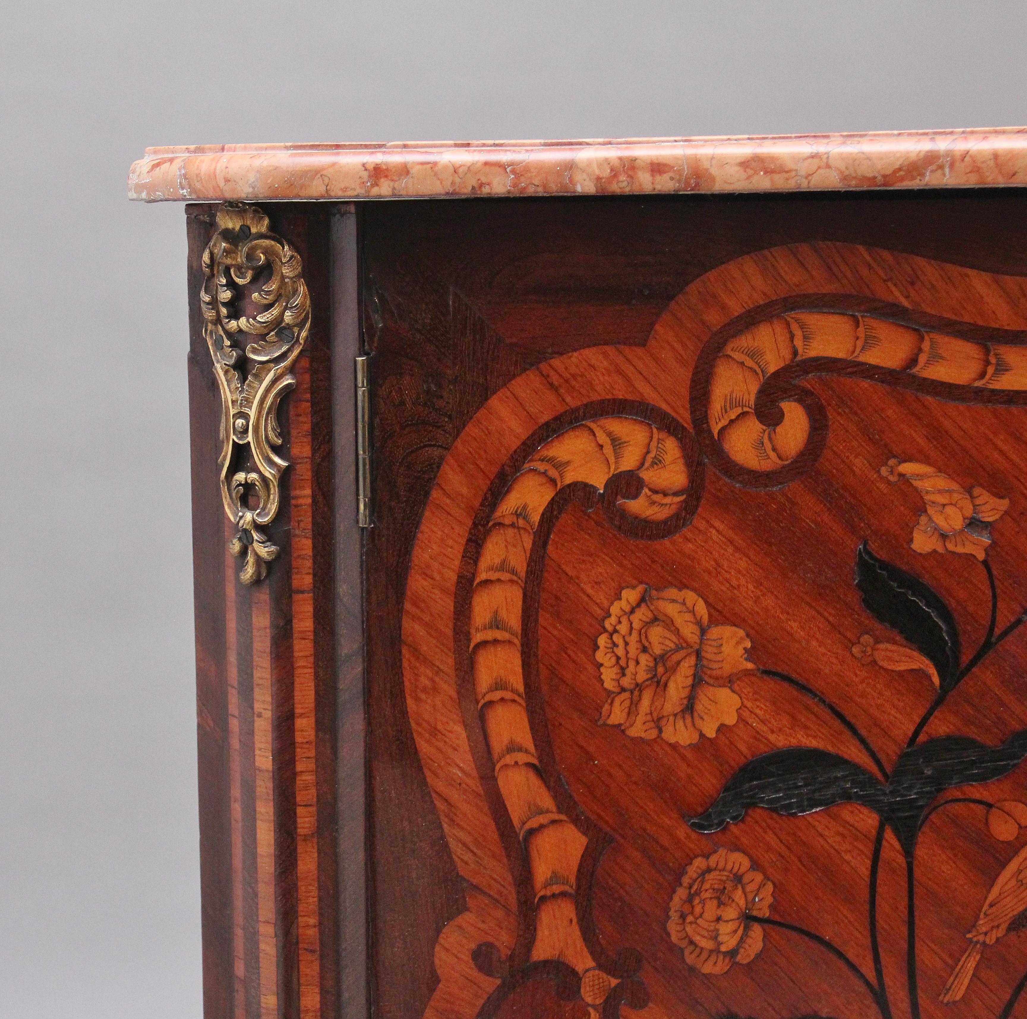 18th Century French Inlaid Tulipwood and Marble Top Corner Cupboard For Sale 2