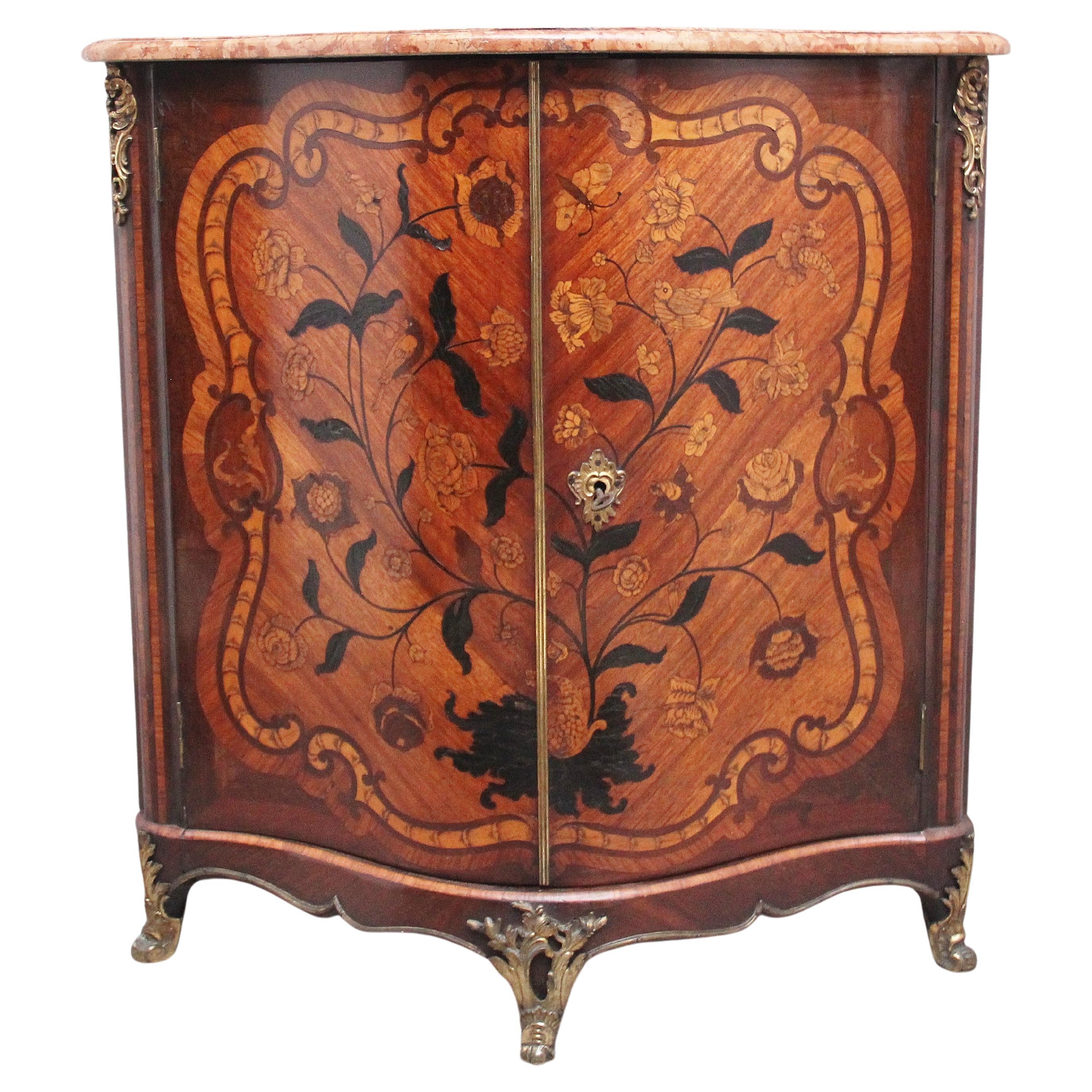 18th Century French Inlaid Tulipwood and Marble Top Corner Cupboard
