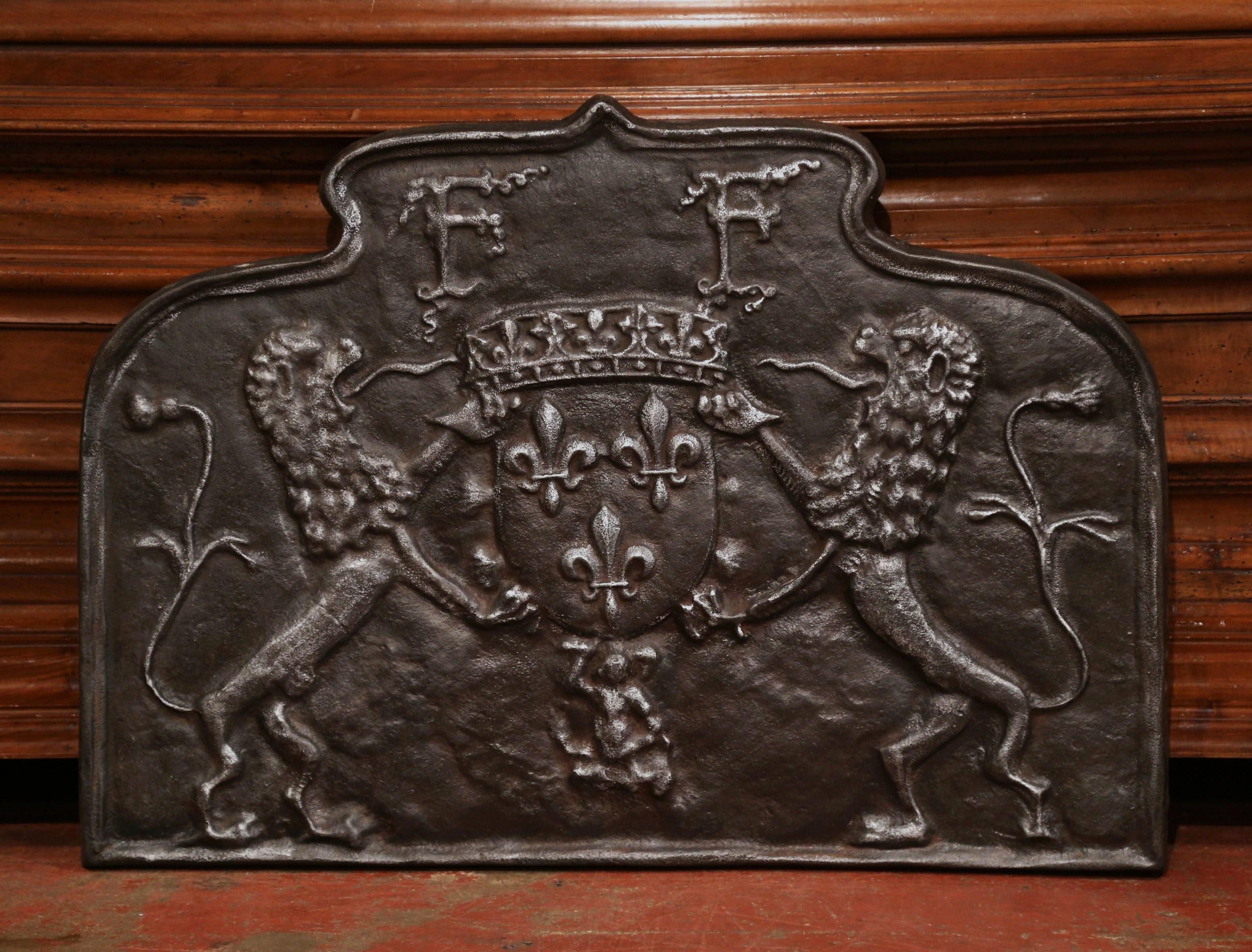 Hand-Crafted 18th Century French Iron Fireback with Coat of Arms and Fleurs de Lys