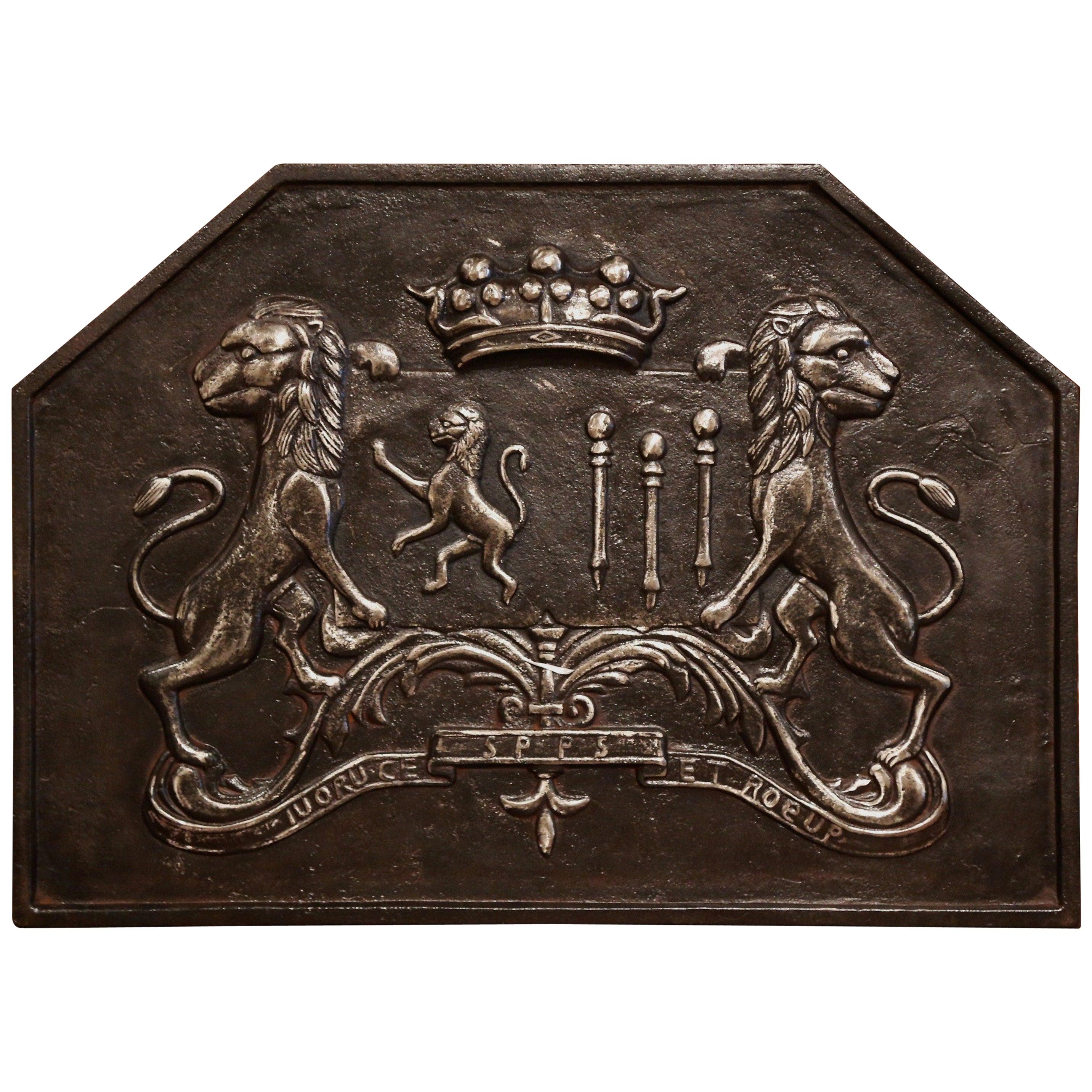 18th Century French Iron Fireback with Crown, Lions and Motto