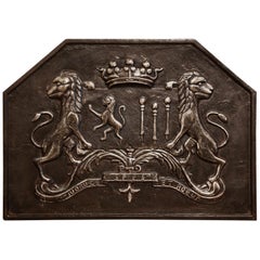 18th Century French Iron Fireback with Crown, Lions and Motto