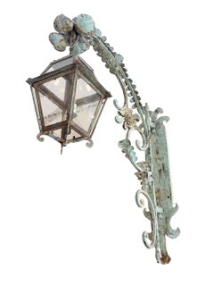 18th Century French Iron Patinated Verdigris Finish Wall Lantern w/ Wall Bracket