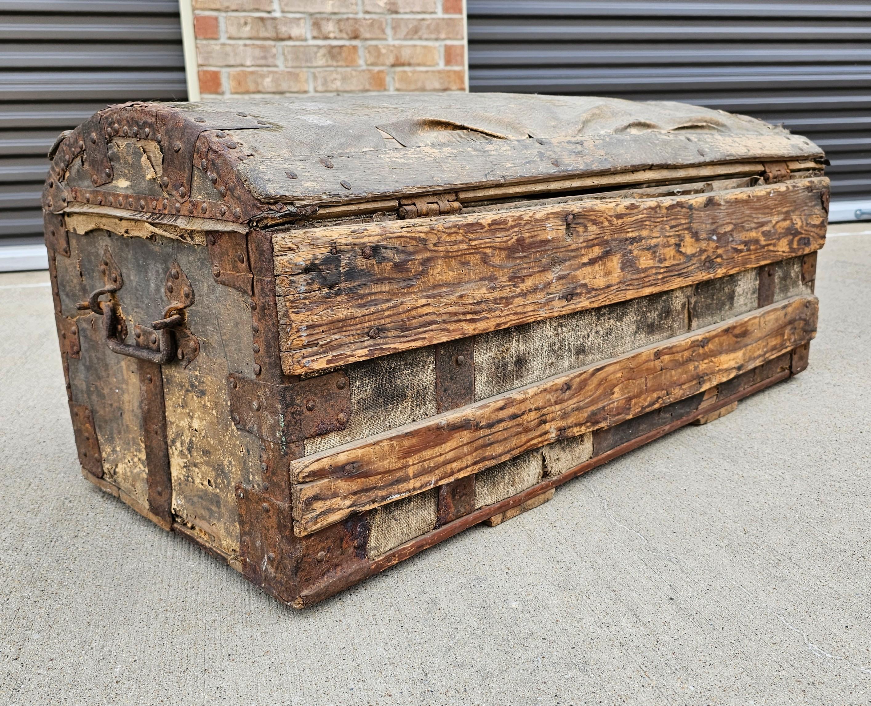 18th Century French La Forest Signed Wood Hide Iron Travel Chest Storage Trunk  For Sale 4