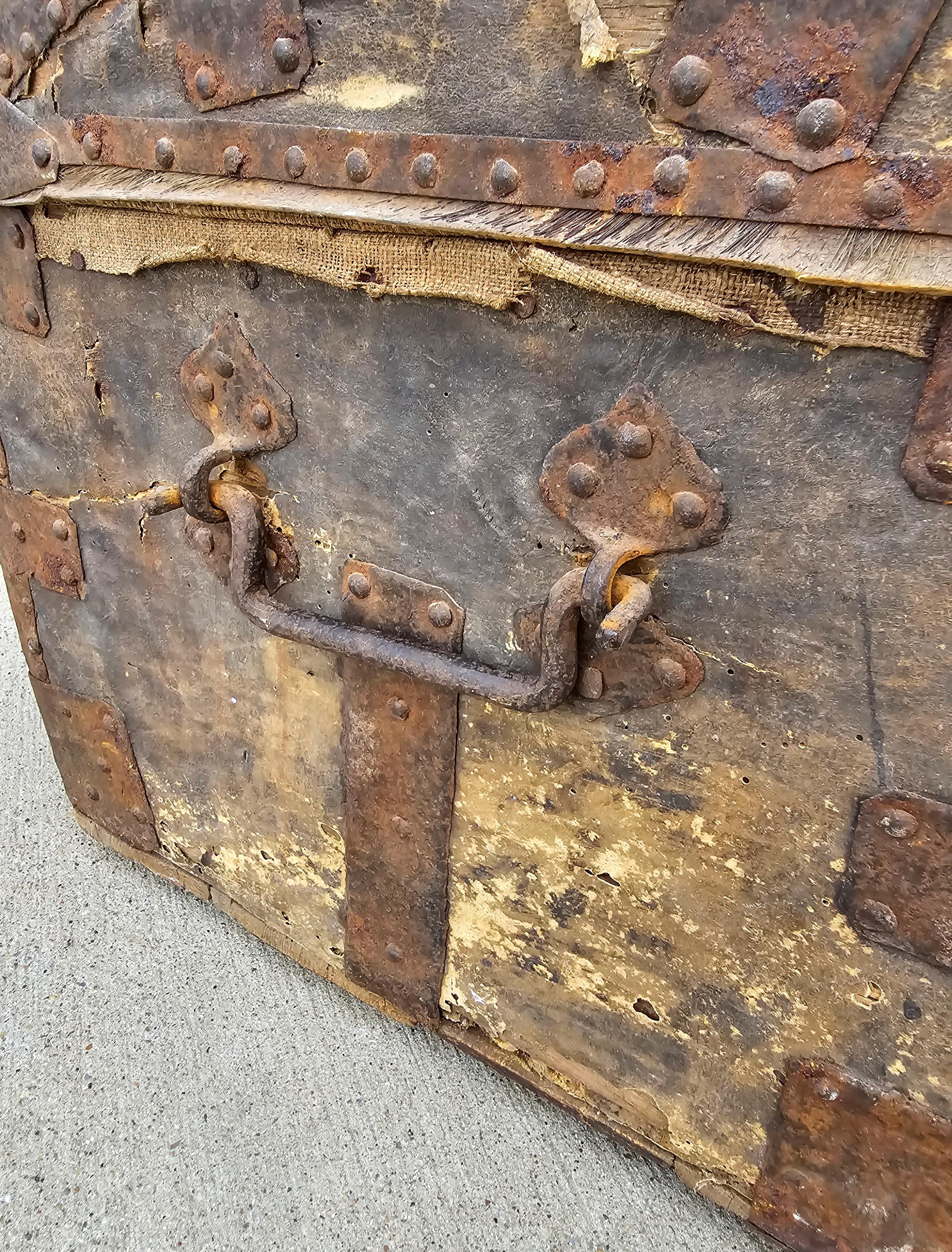 18th Century French La Forest Signed Wood Hide Iron Travel Chest Storage Trunk  For Sale 5