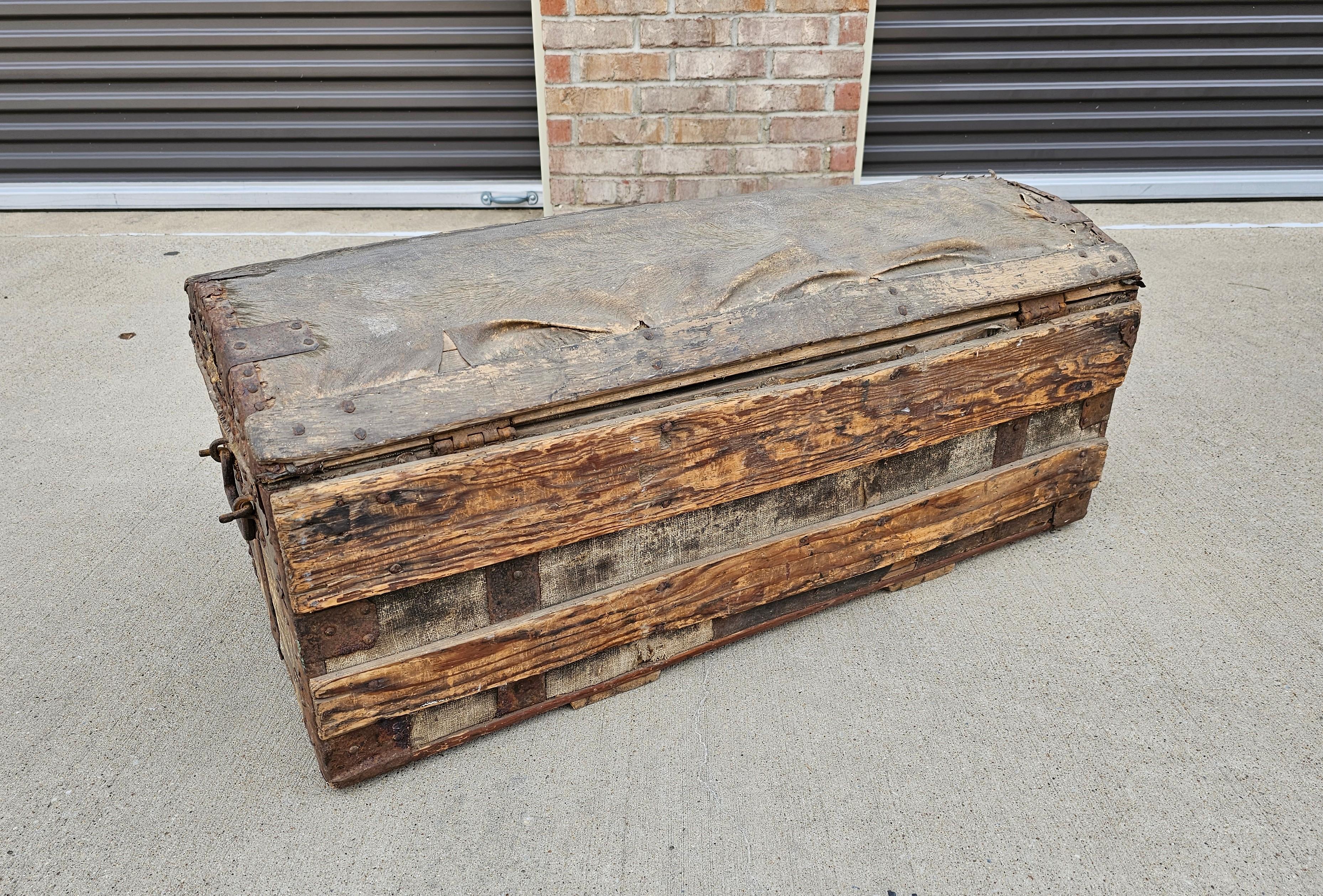 18th Century French La Forest Signed Wood Hide Iron Travel Chest Storage Trunk For Sale 5