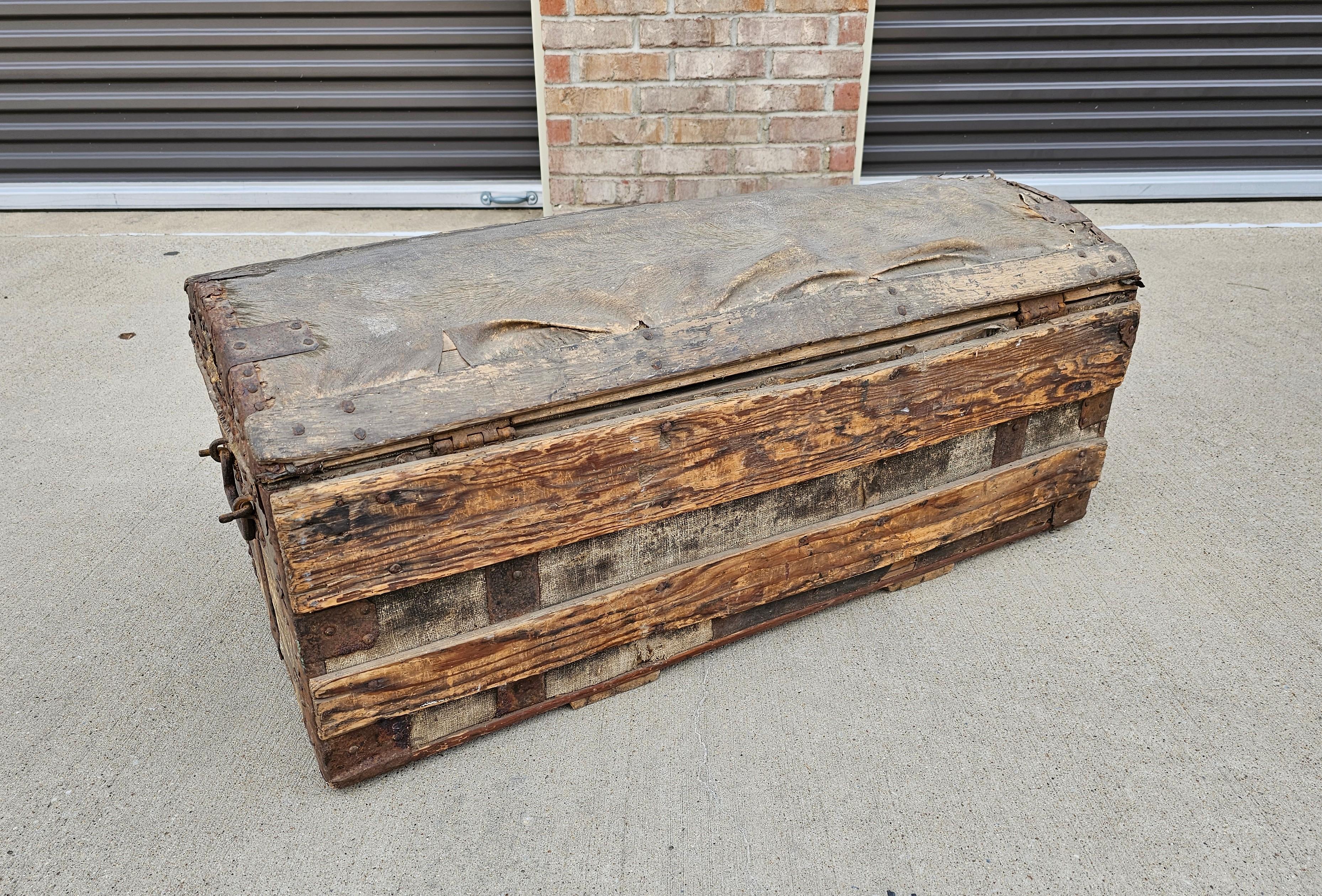 18th Century French La Forest Signed Wood Hide Iron Travel Chest Storage Trunk  For Sale 8