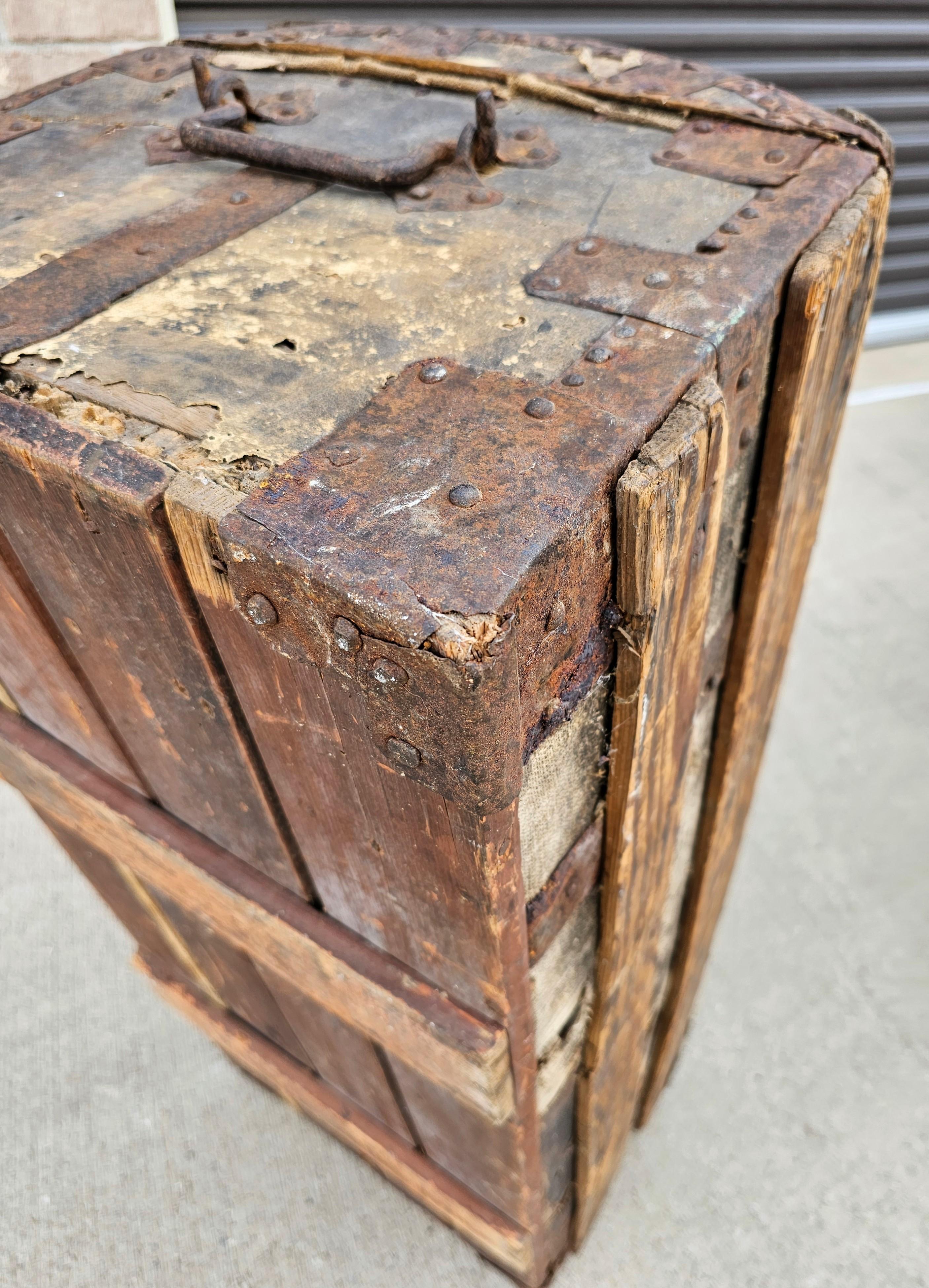 18th Century French La Forest Signed Wood Hide Iron Travel Chest Storage Trunk  For Sale 10
