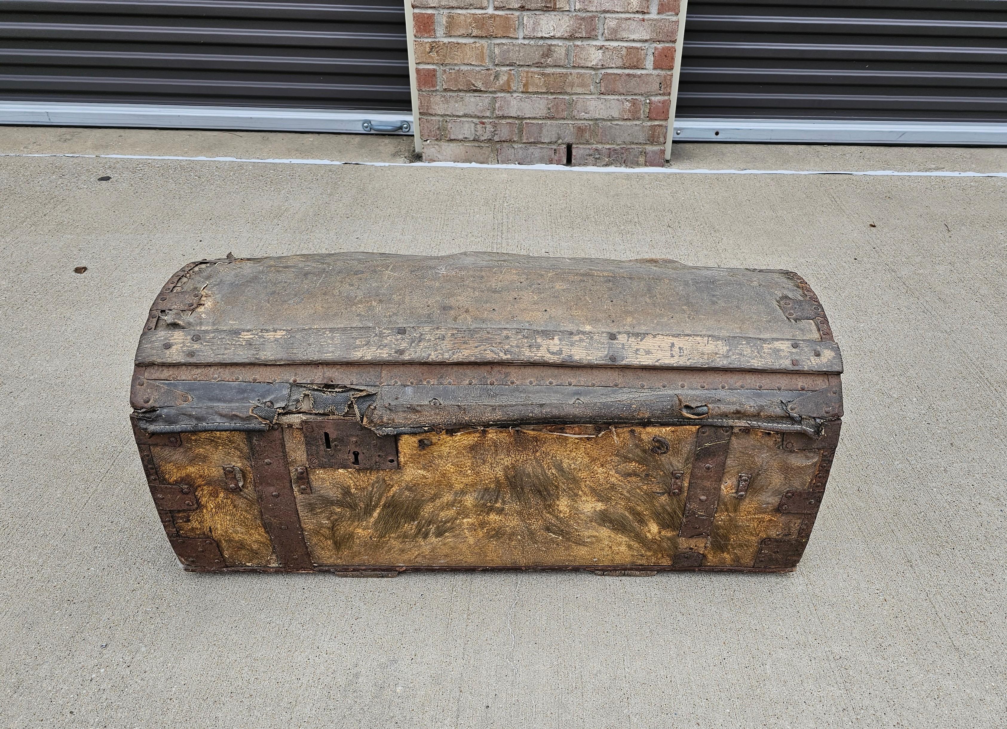 18th Century French La Forest Signed Wood Hide Iron Travel Chest Storage Trunk  For Sale 12