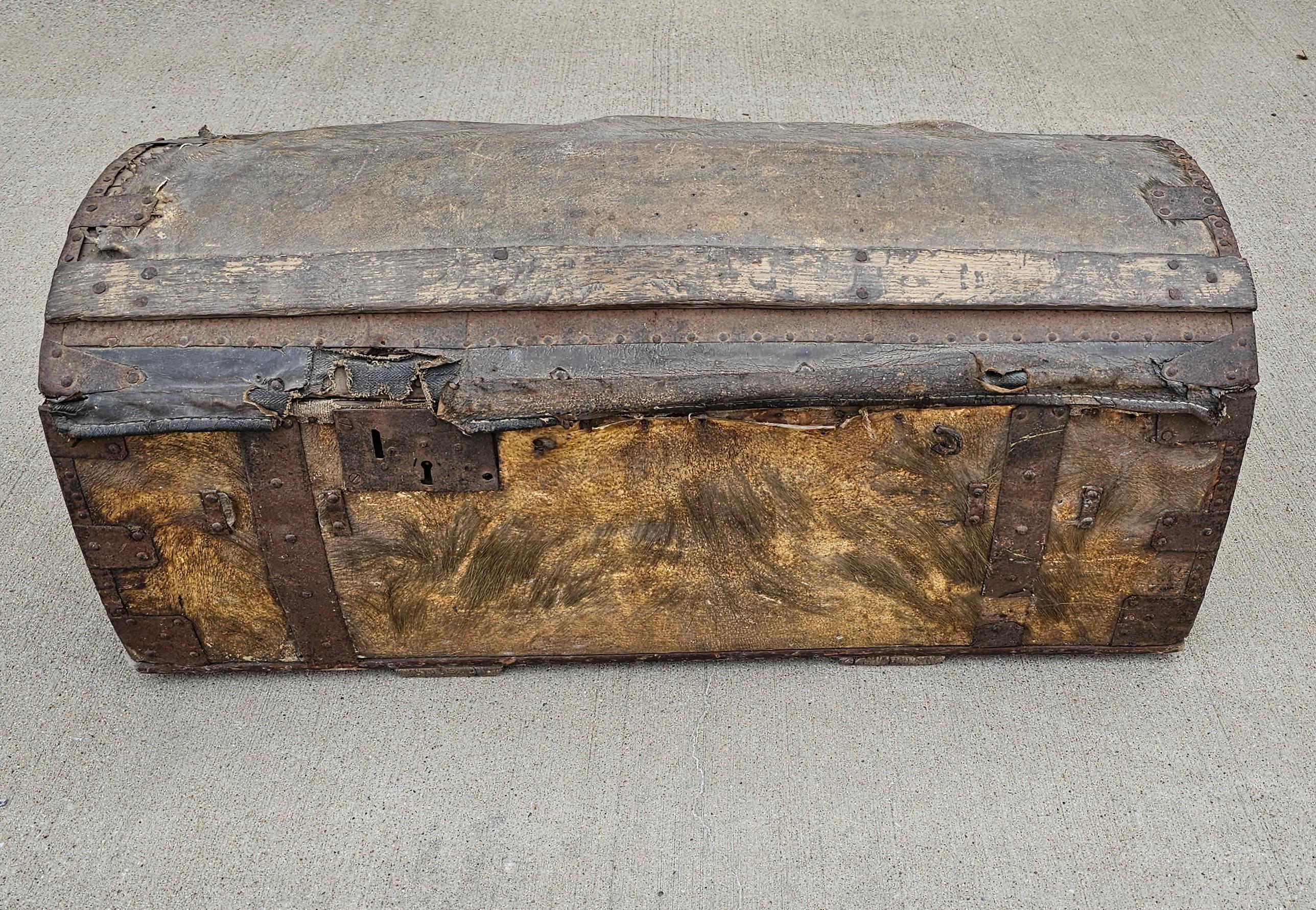 Louis XV 18th Century French La Forest Signed Wood Hide Iron Travel Chest Storage Trunk  For Sale