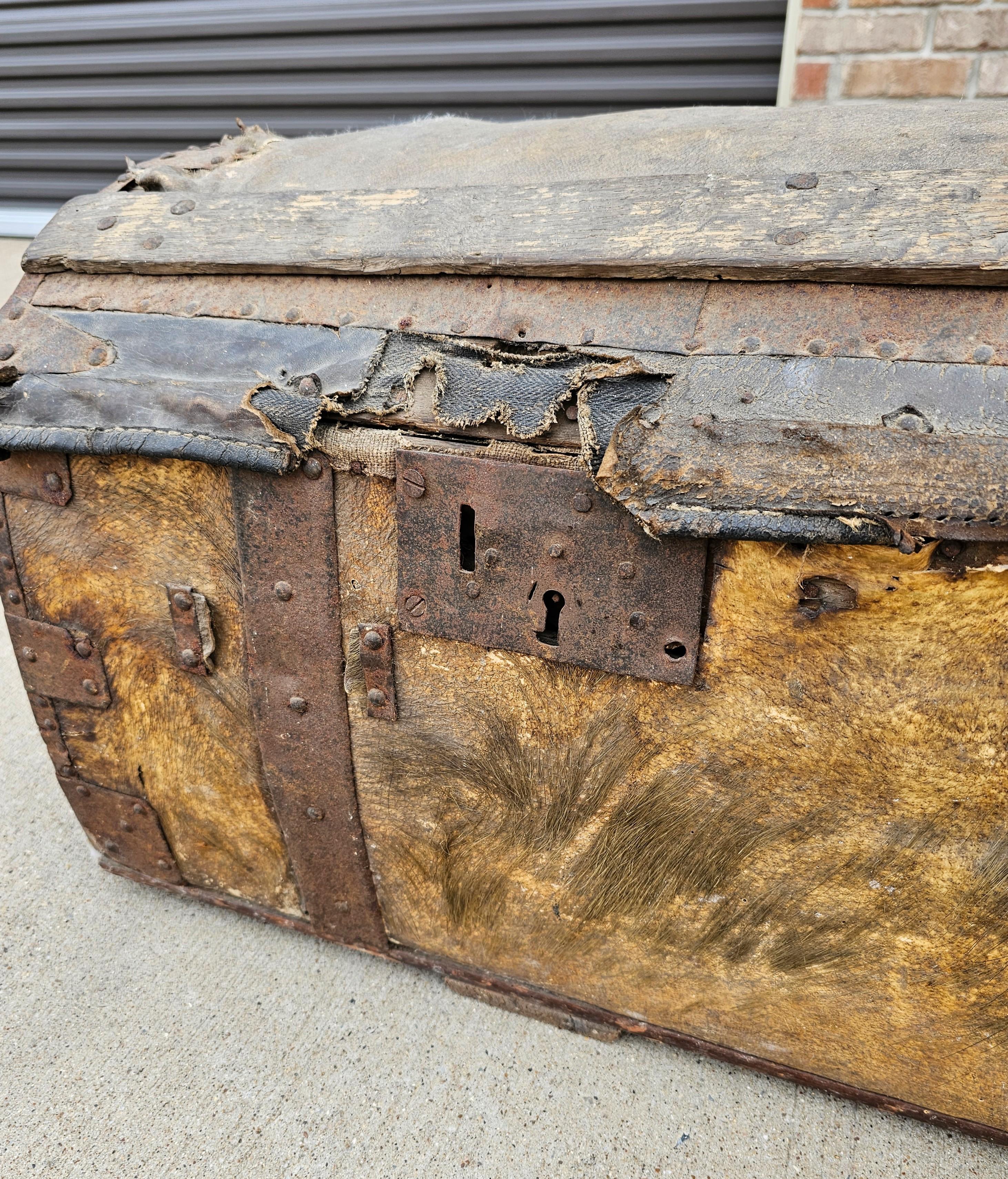 18th Century French La Forest Signed Wood Hide Iron Travel Chest Storage Trunk  In Good Condition For Sale In Forney, TX