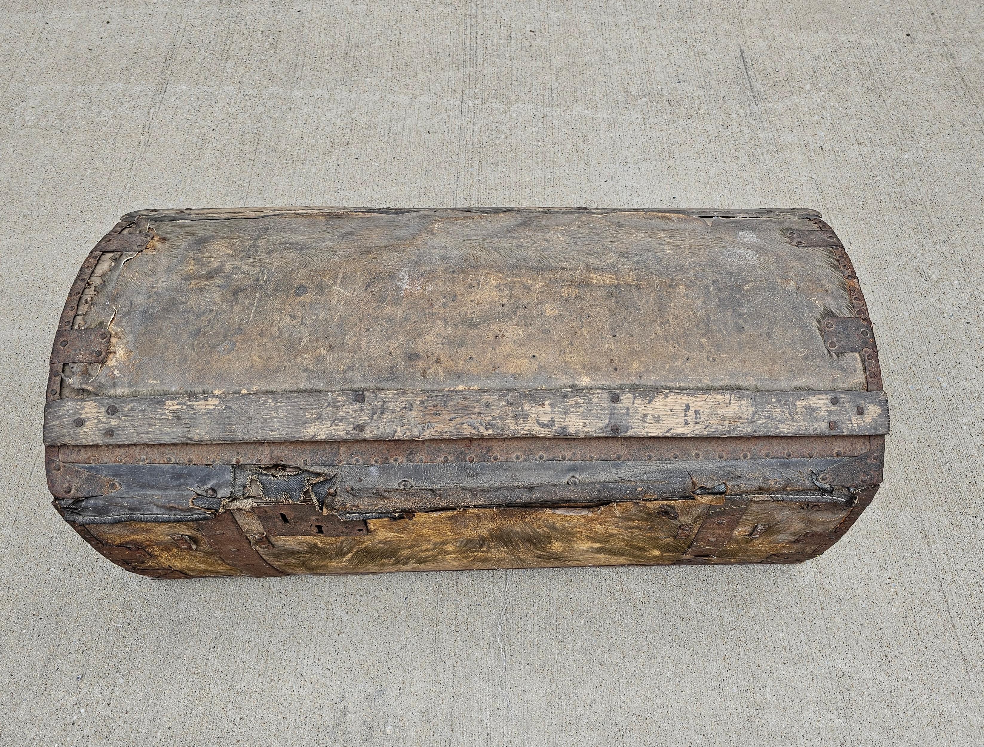18th Century and Earlier 18th Century French La Forest Signed Wood Hide Iron Travel Chest Storage Trunk  For Sale