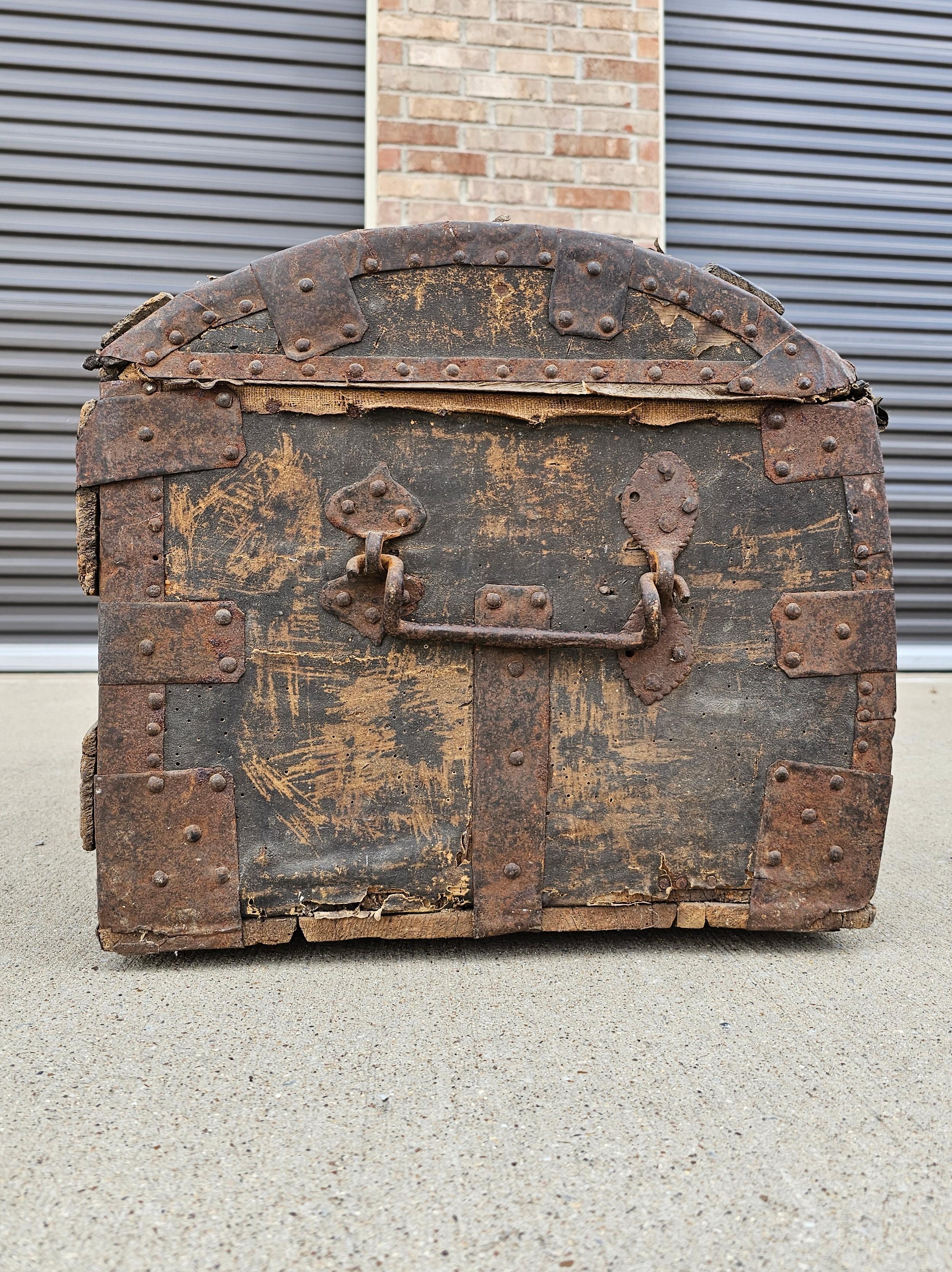 18th Century French La Forest Signed Wood Hide Iron Travel Chest Storage Trunk  For Sale 1