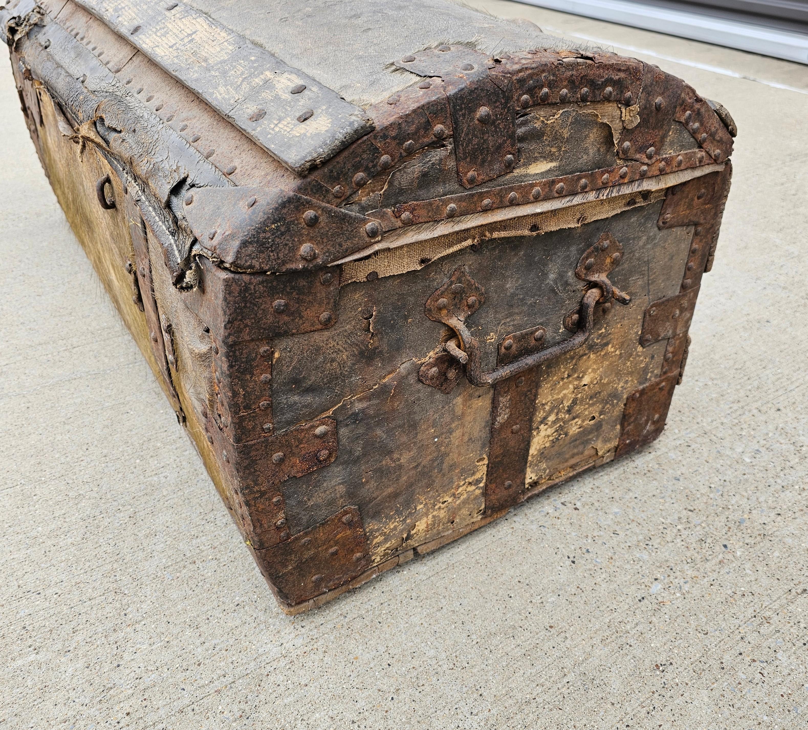 18th Century French La Forest Signed Wood Hide Iron Travel Chest Storage Trunk  For Sale 2