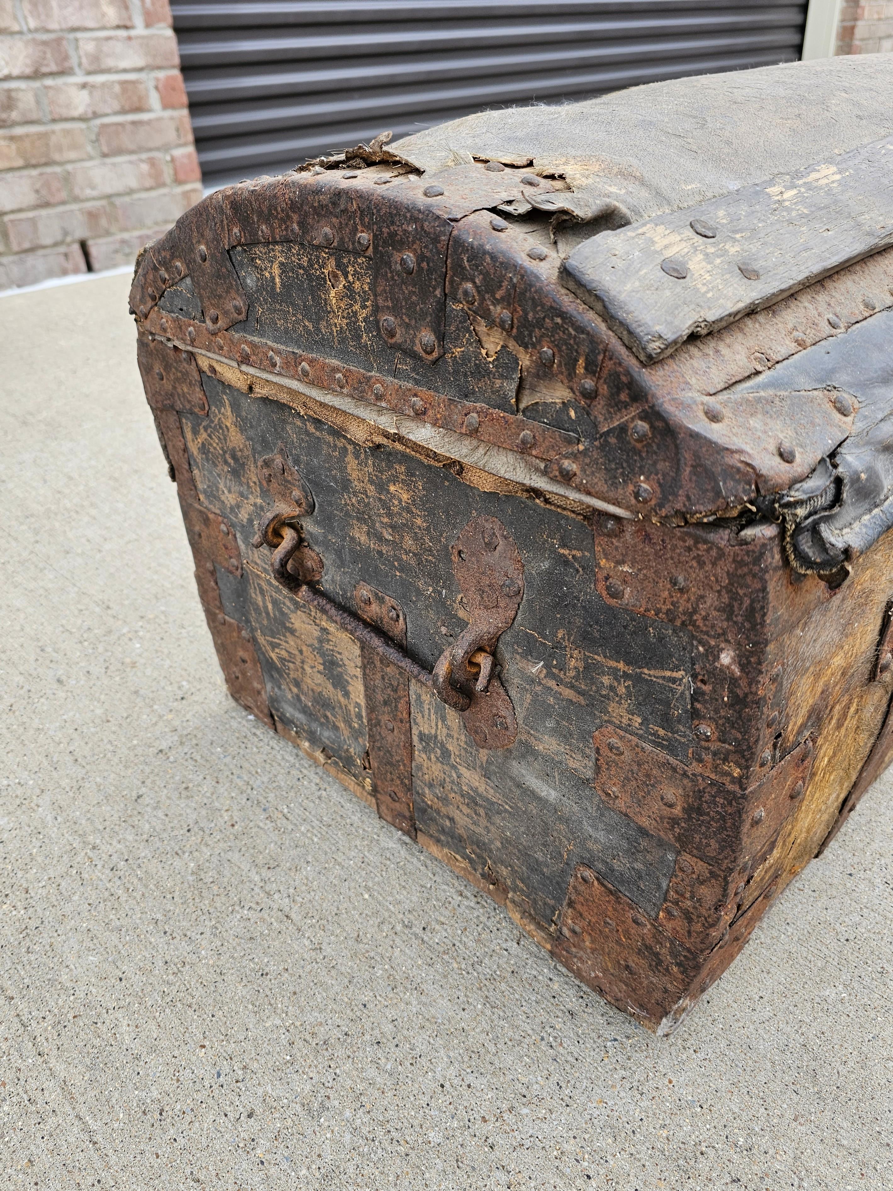 18th Century and Earlier 18th Century French La Forest Signed Wood Hide Iron Travel Chest Storage Trunk For Sale