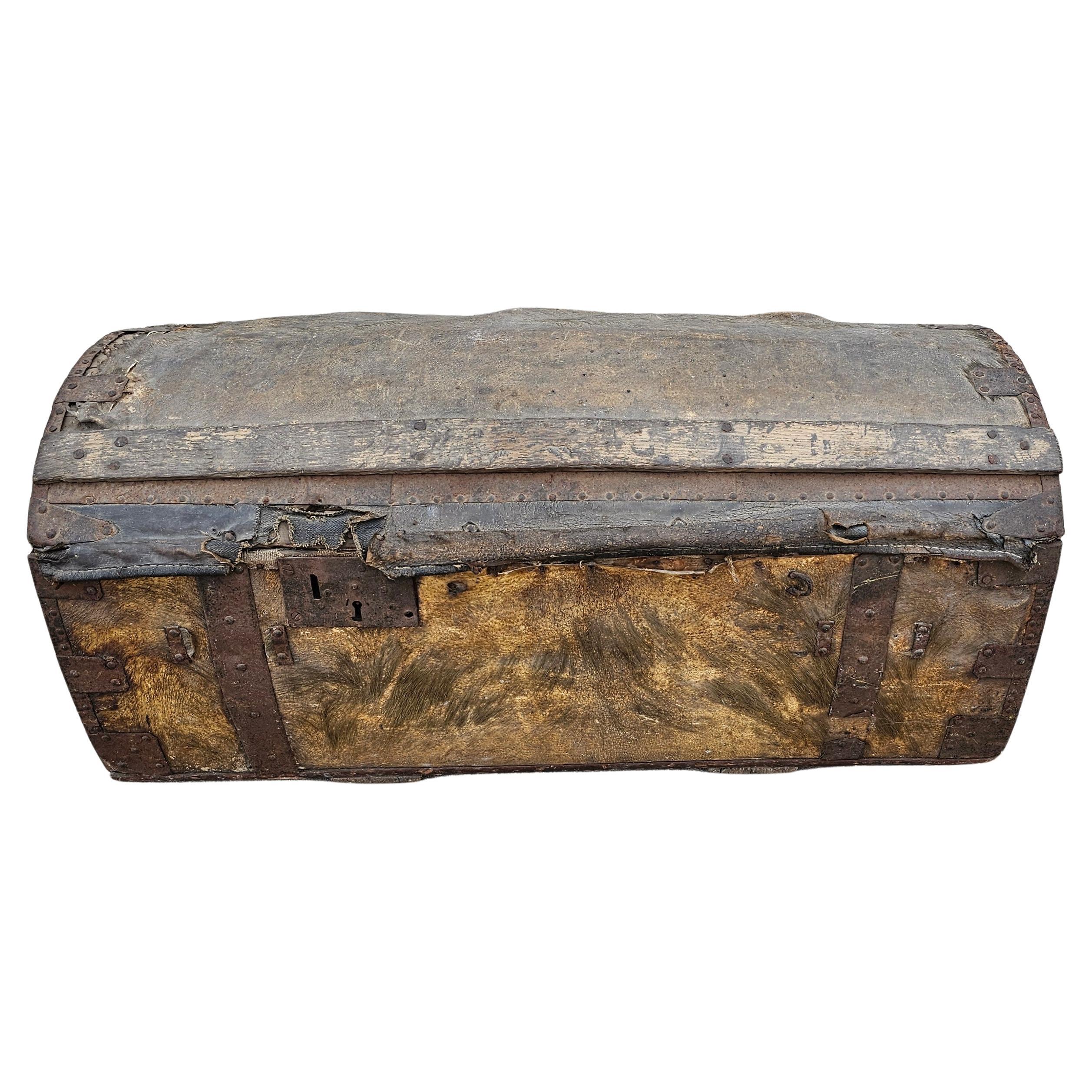 18th Century French La Forest Signed Wood Hide Iron Travel Chest Storage Trunk  For Sale