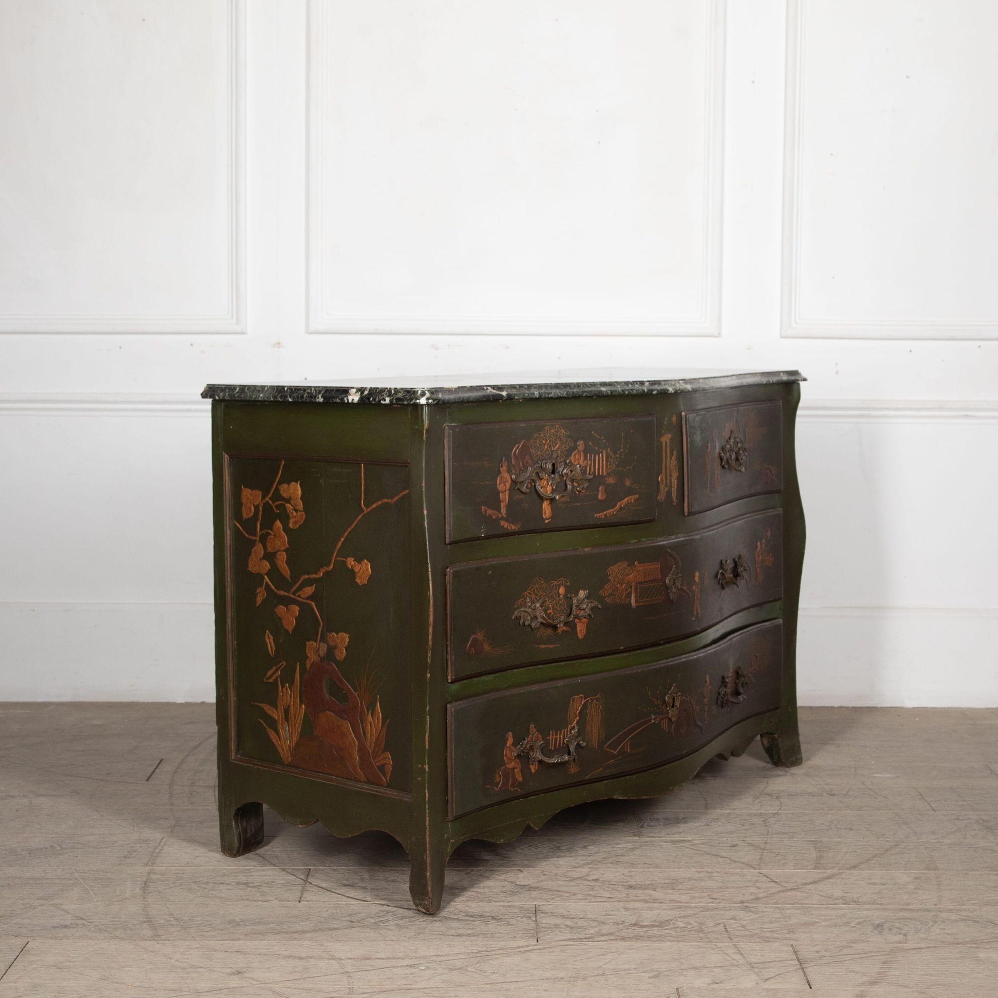 18th Century French green Chinese lacquer commode.
With a later green marble top, restoration throughout and original paper linings to the drawers.