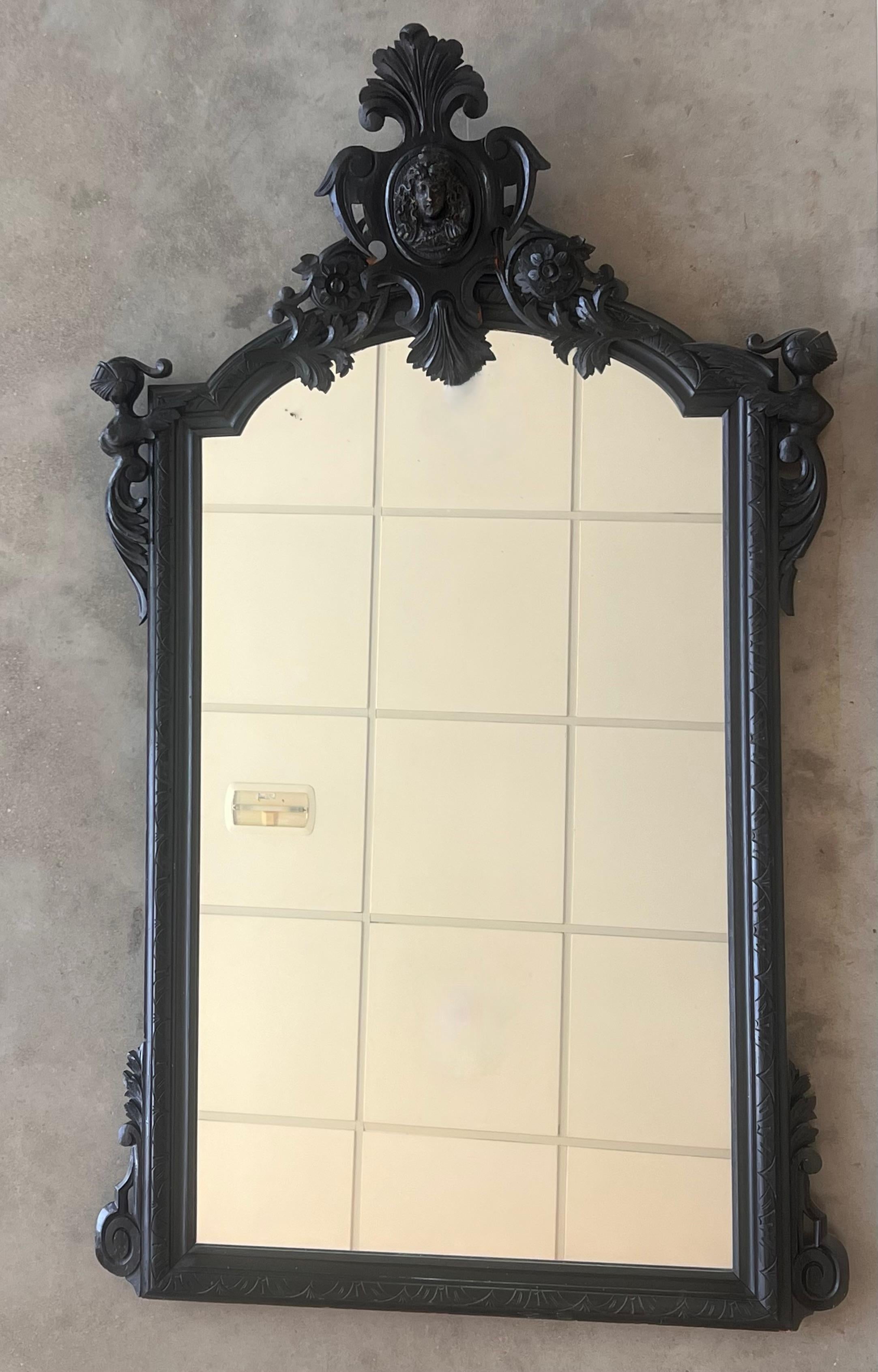 Carved 18th Century French Large Flemish Baroque Walnut Ebonized Mirror For Sale