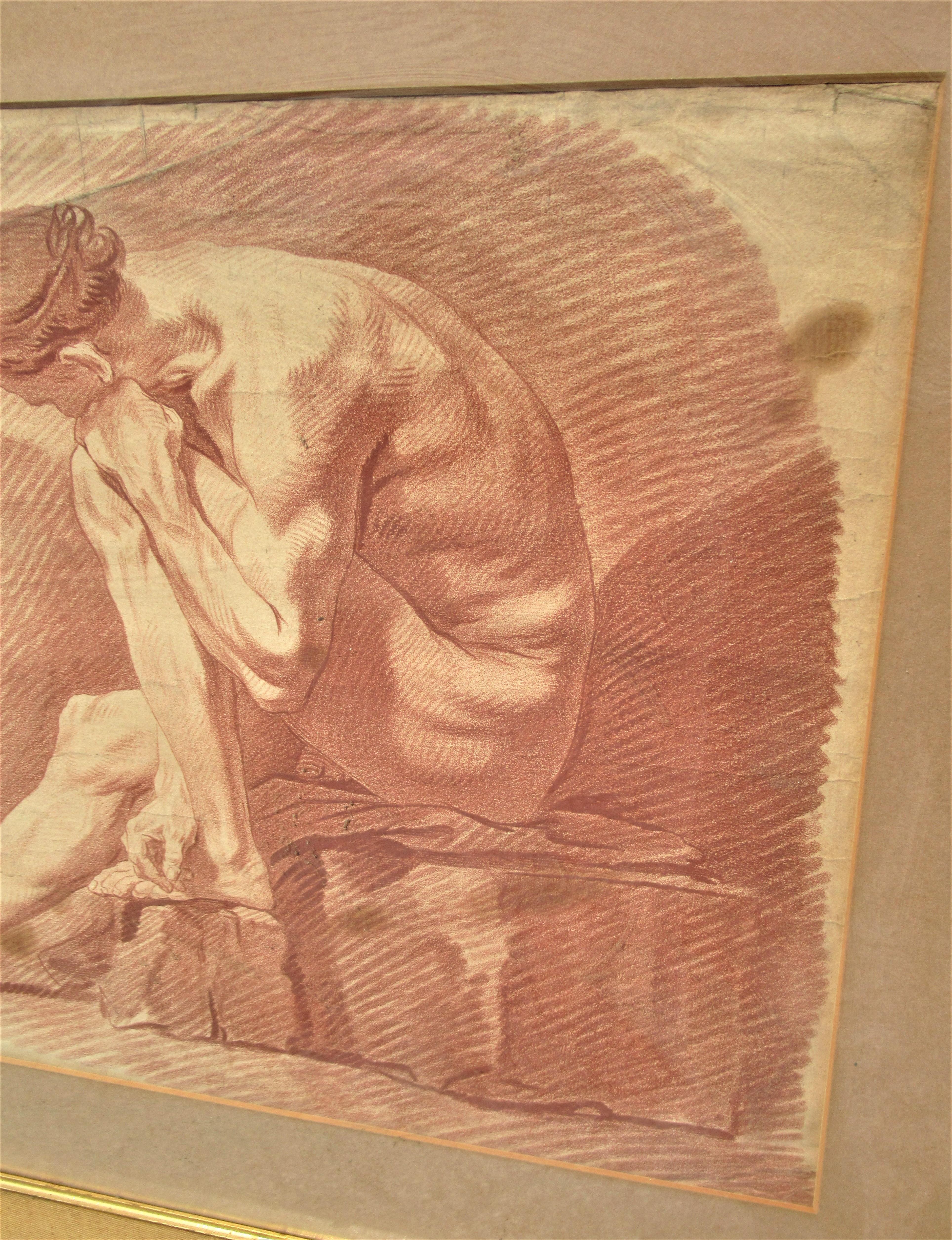 Engraved 18th Century French Sepia Engraving Figure Study Naked Man