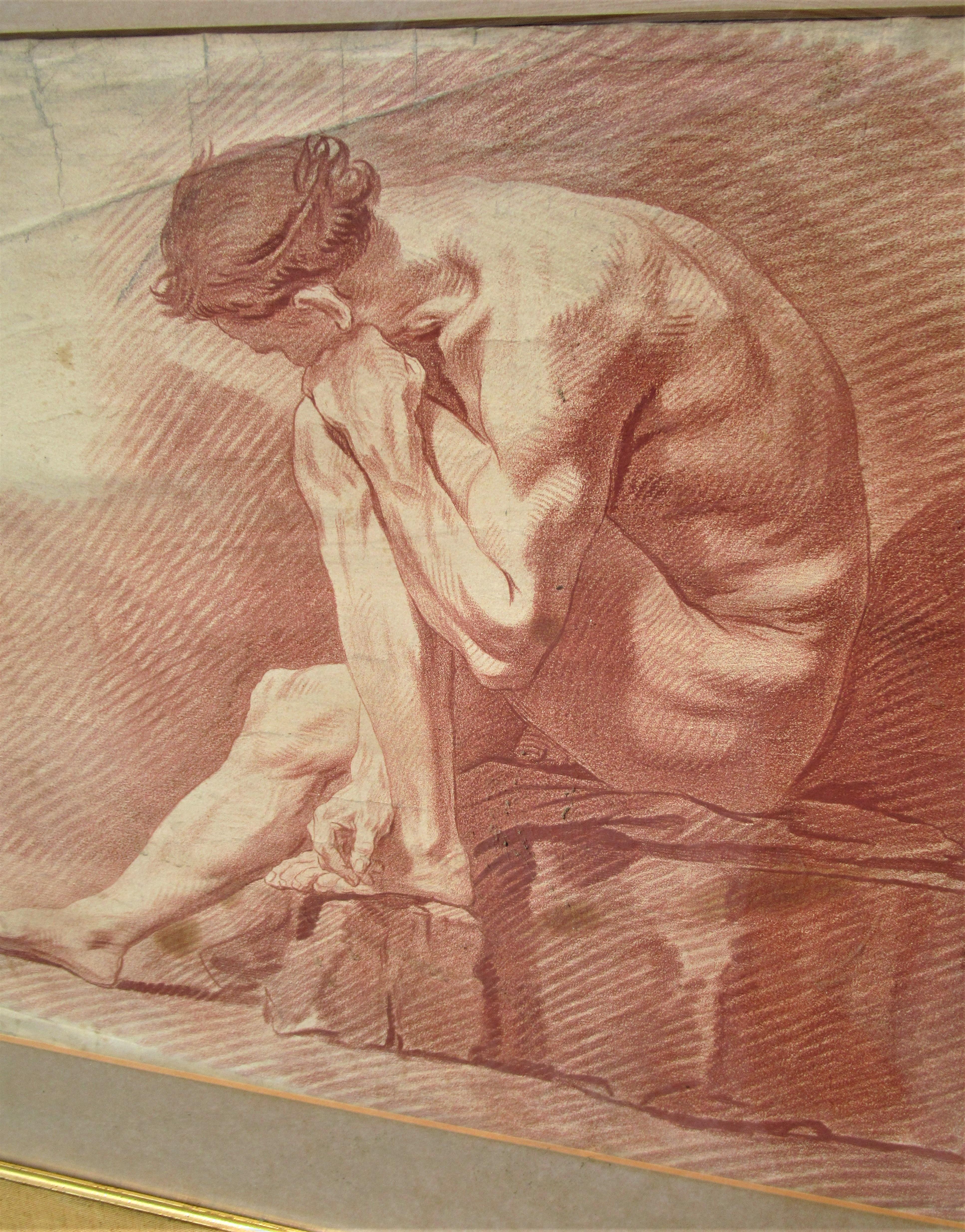 18th Century French Sepia Engraving Figure Study Naked Man In Fair Condition In Rochester, NY