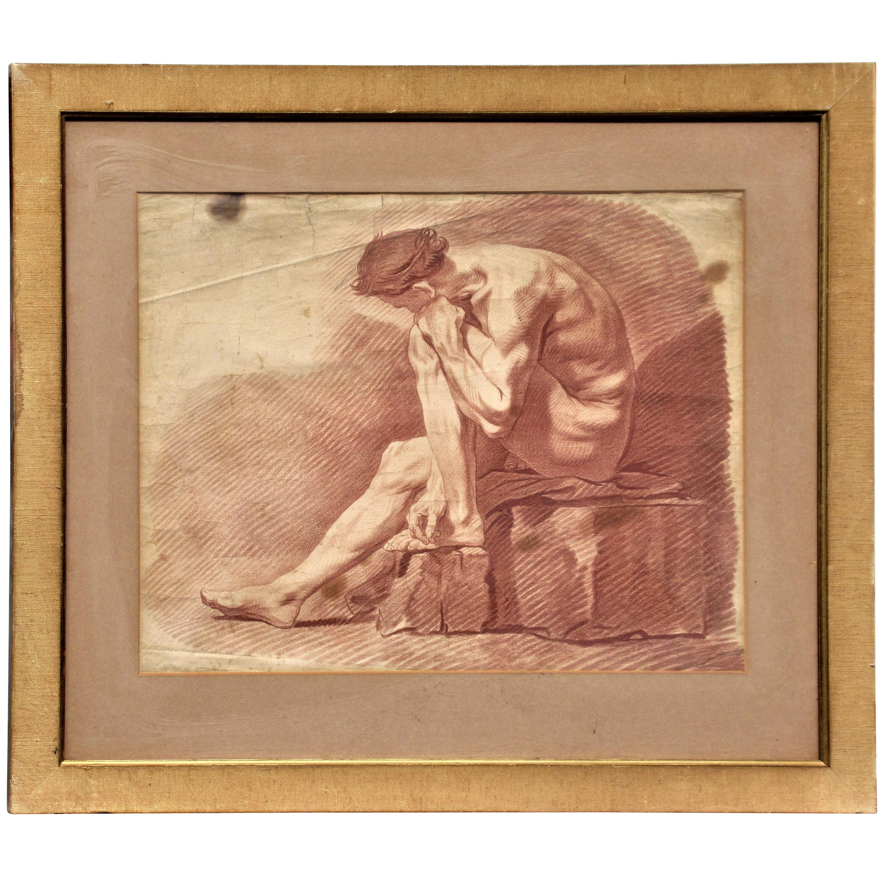 18th Century French Sepia Engraving Figure Study Naked Man